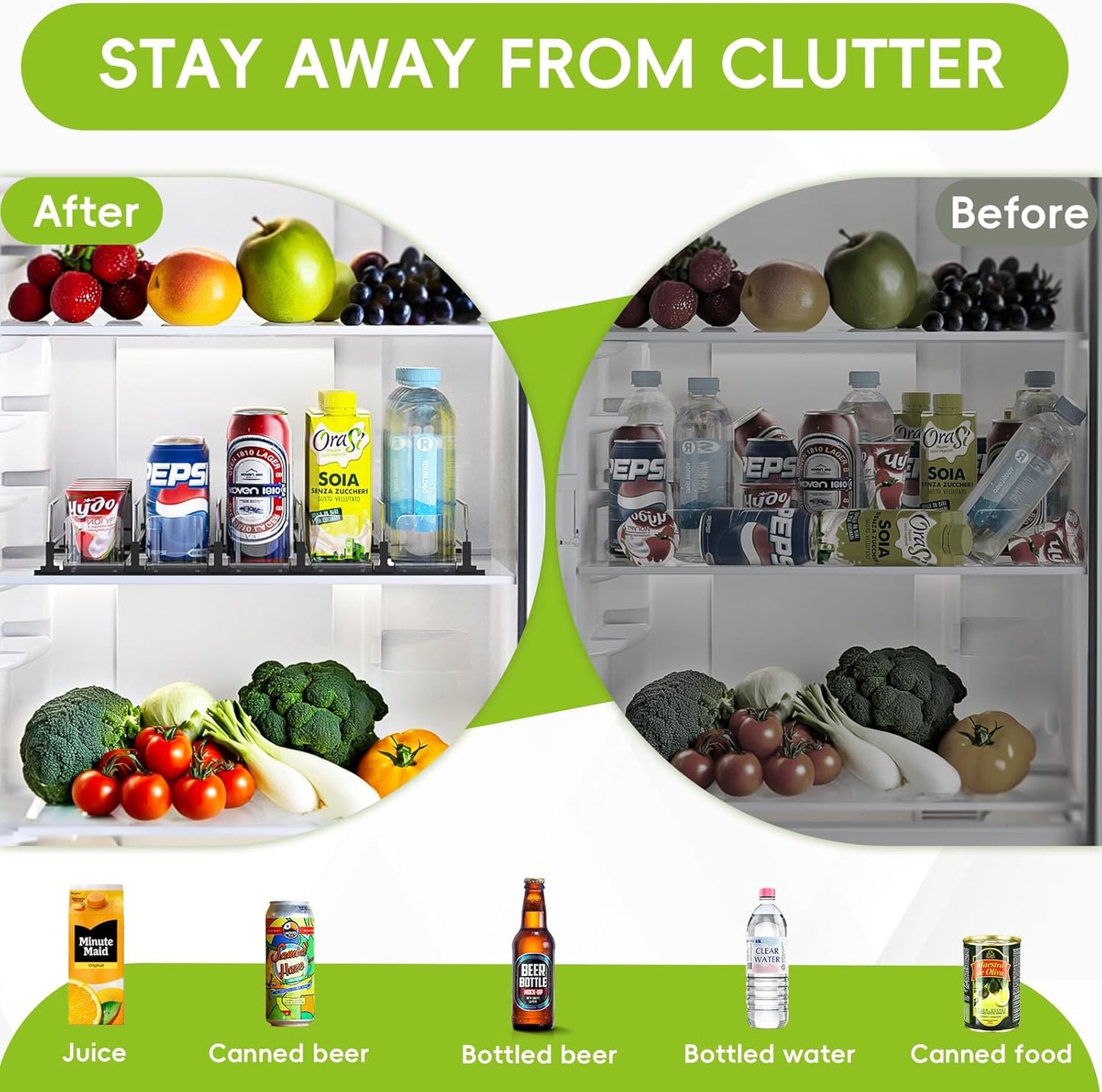 Soda Can Dispenser, Self-Pushing Drink Organizer, Width Adjustable Fridge Organization, Beer Pop Can Water Bottle Dispenser (15.1"D) White (5 Row, Black)