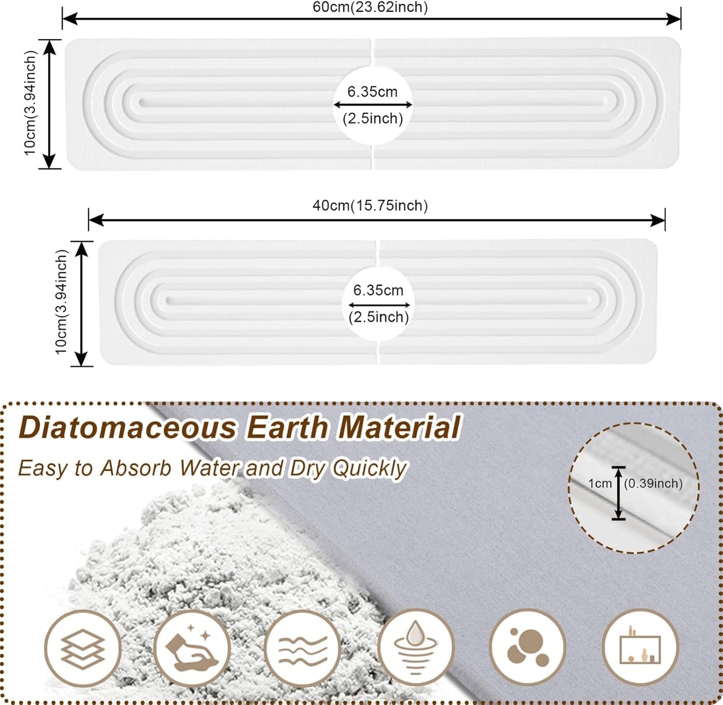 Faucet Mat for Kitchen Sink, Diatomite Super Absorbent Fast Drying Stone Sink Tray for Bathroom Kitchen Sink Splash Guard(Square White,23.6x3.9in)