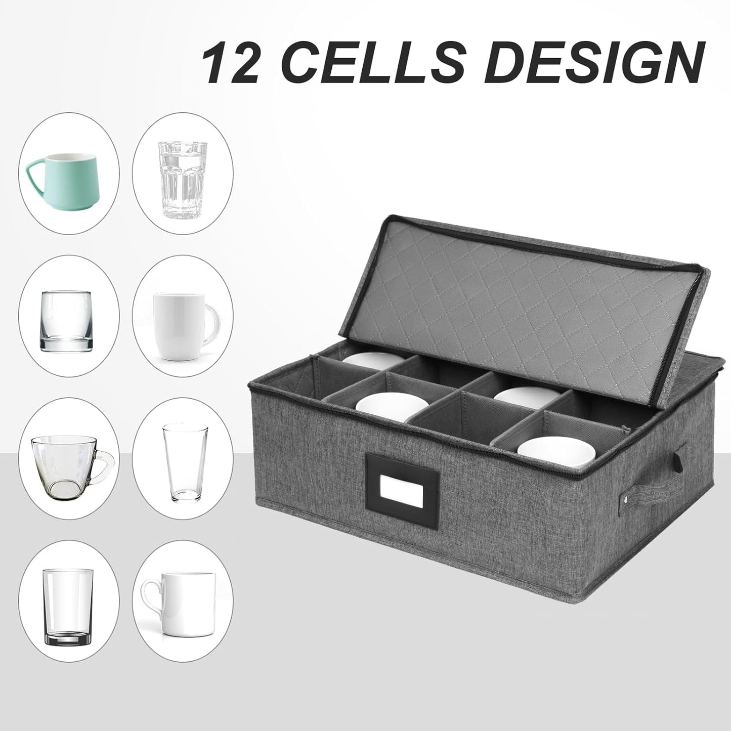 Cup and Mug Storage Box 2Pack, China Storage Containers for 12 Tea Cups or Coffee Mugs with Zipper Lid and Rivet Reinforced Handles, Hard Shell and Stackable (Black)