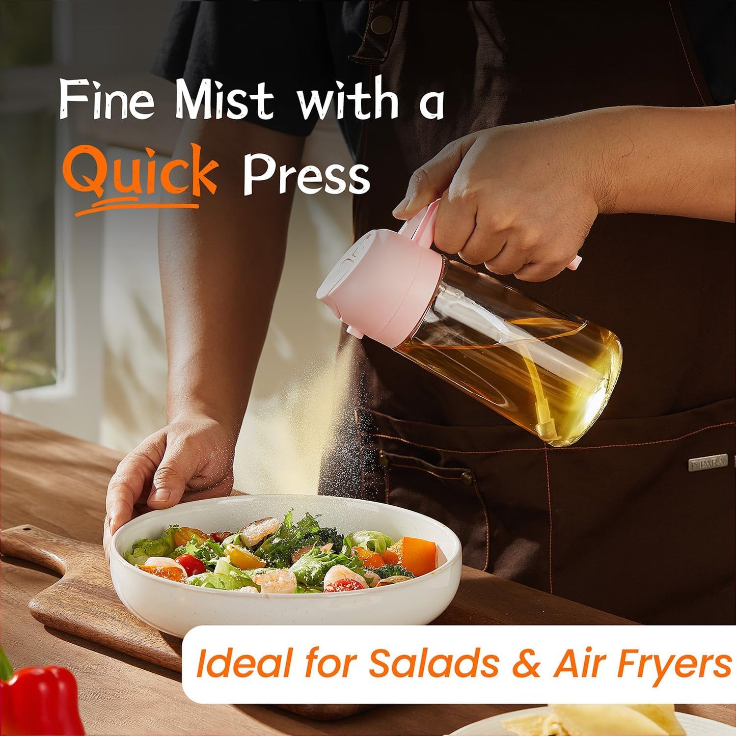 TrendPlain 16oz/470ml Glass Olive Oil Sprayer for Cooking - 2 in 1 Olive Oil Dispenser for Kitchen Gadgets, Air Fryer, Salad, and BBQ - Peach