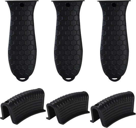 6 Pieces Silicone Hot Tool Holder Heat Resistant Potholder Cookware Handle Non Slip Rubber Pot Holders Handles Grip Covers for Cast Iron Skillet Silicone Cooking Kitchen Suits (Black)