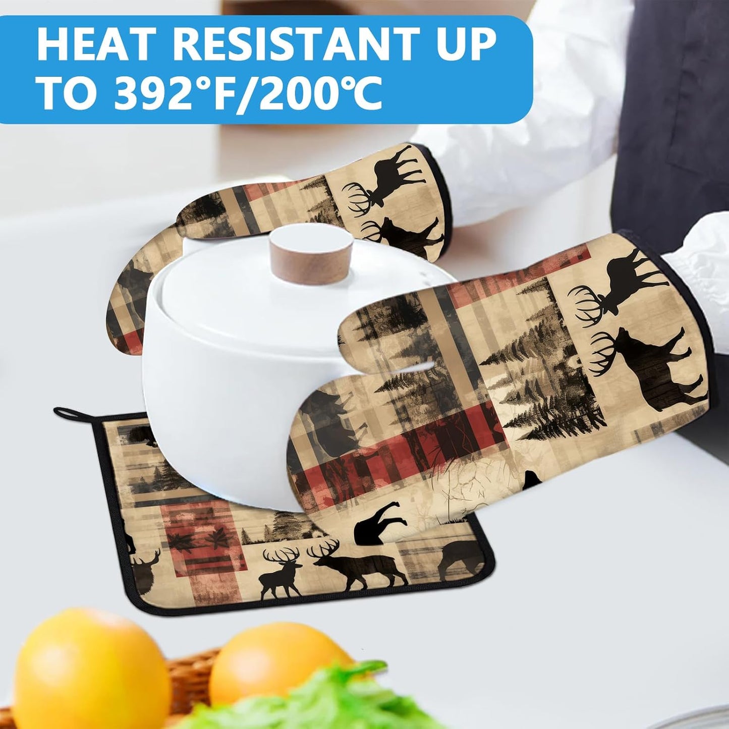 Deer and Bear Oven Mitts and Pot Holders Sets Heat Resistant 4Pcs Wild Animal Potholders Oven Gloves Hot Pads for Kitchen Baking Cooking Grilling BBQ