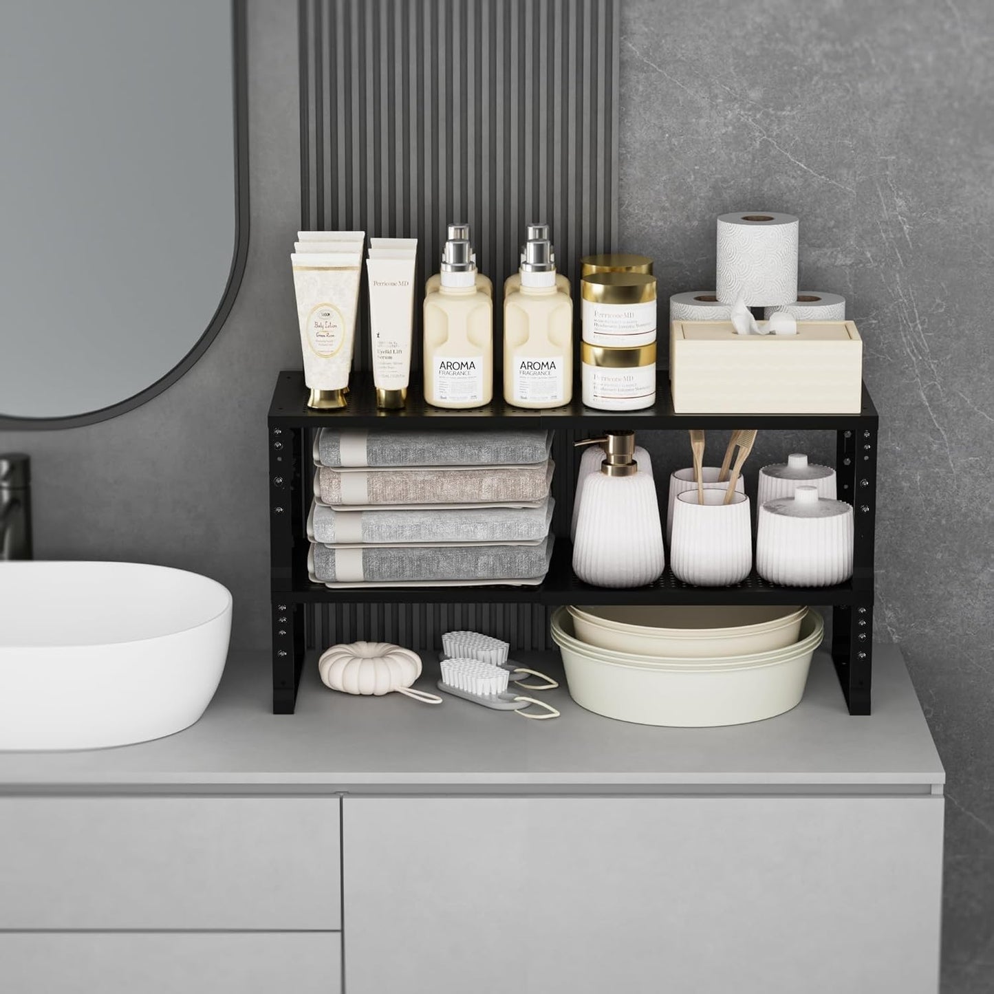 Expandable Spice Rack Kitchen Cabinet Shelf Organizer, Stackable Storage Shelves Racks, Adjustable Counter Shelving for Cabinets, Countertop, Cupboard,Pantry and More(2Packs/Black/Medium)