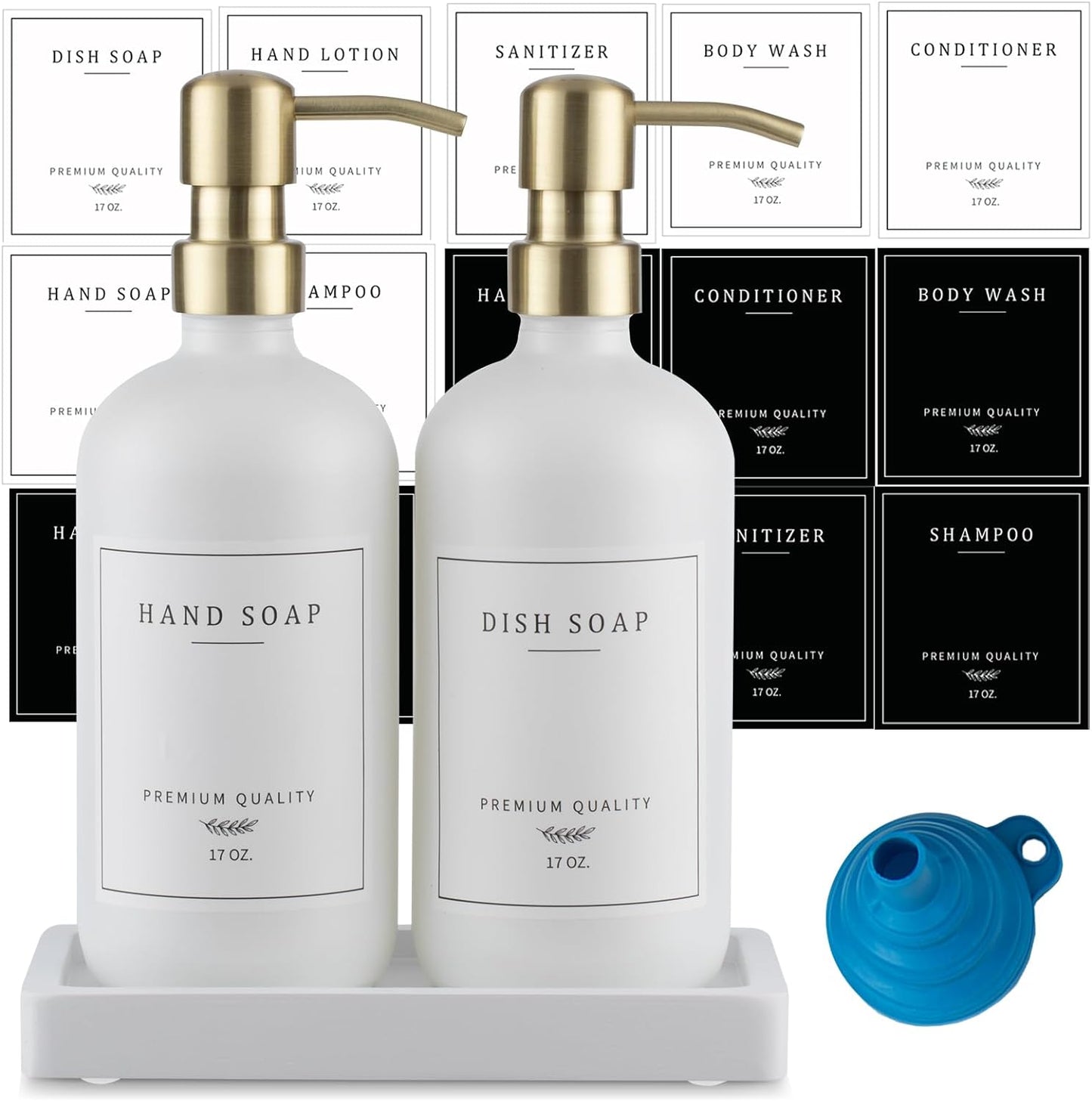 Thick Glass Soap Dispenser - Kitchen Dish Hand Soap Dispenser Set,Rustproof Pump Soap Lotion Dispenser Bathroom with Tray,14 Stickers for Kitchen Decor White Bottle/Gold Pump