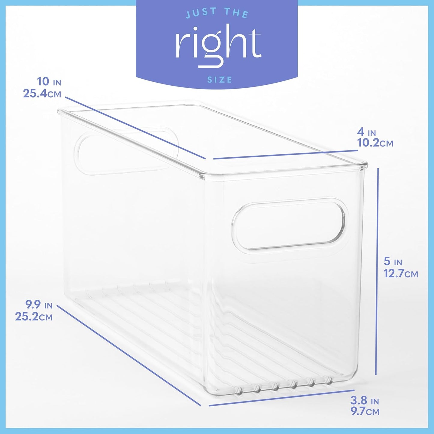 2 pack Clear Plastic Storage Container Bin with Integrated Easy Grip Handles. For Kitchen, Fridge, Freezer, Cabinet, Pantry, Bathroom Organization. 10"x4"x5"