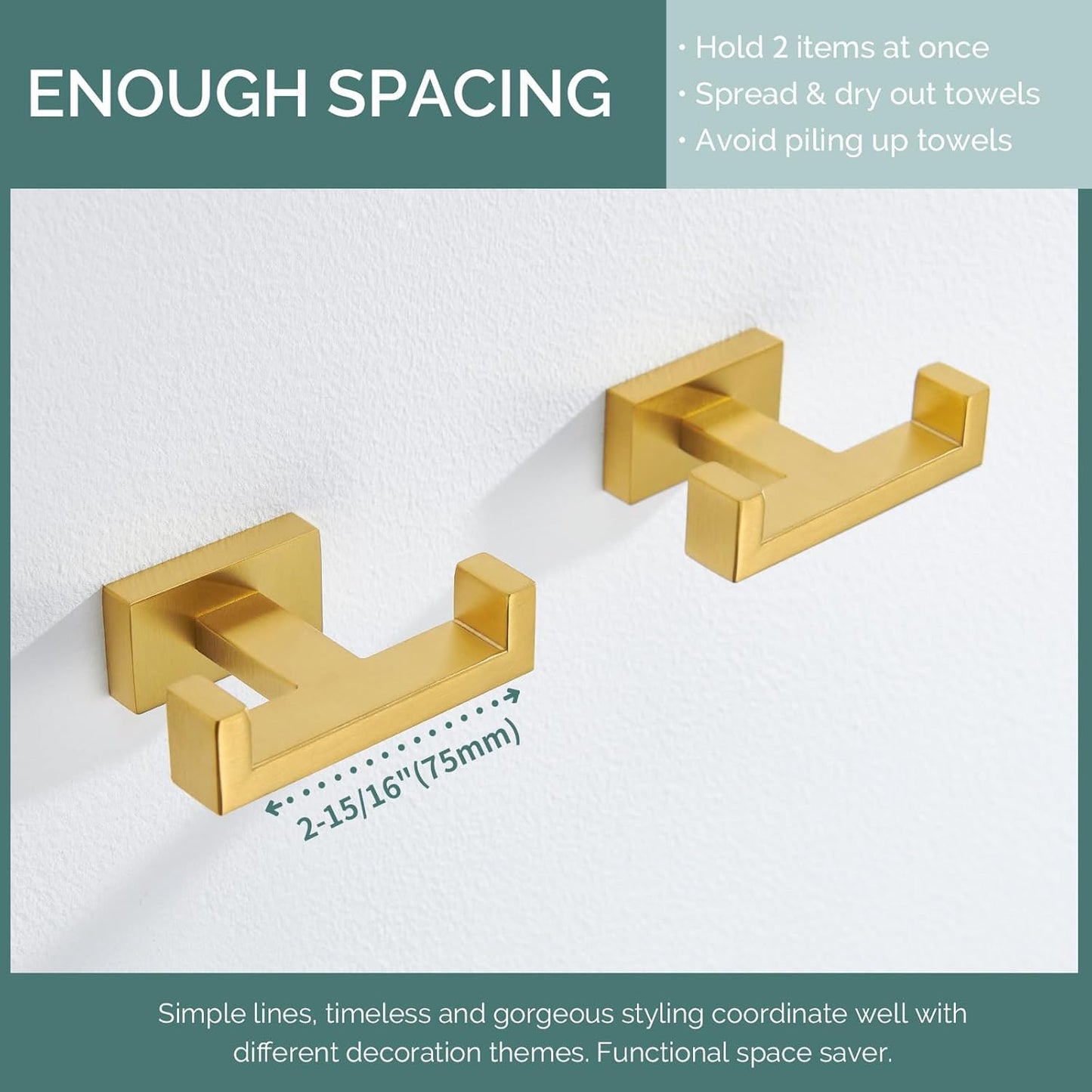 Angle Simple Double Towel Hook Brushed Gold 2 PCS, SUS304 Stainless Steel Bathroom Hand Towel Holder, Double Robe Hook for Wall