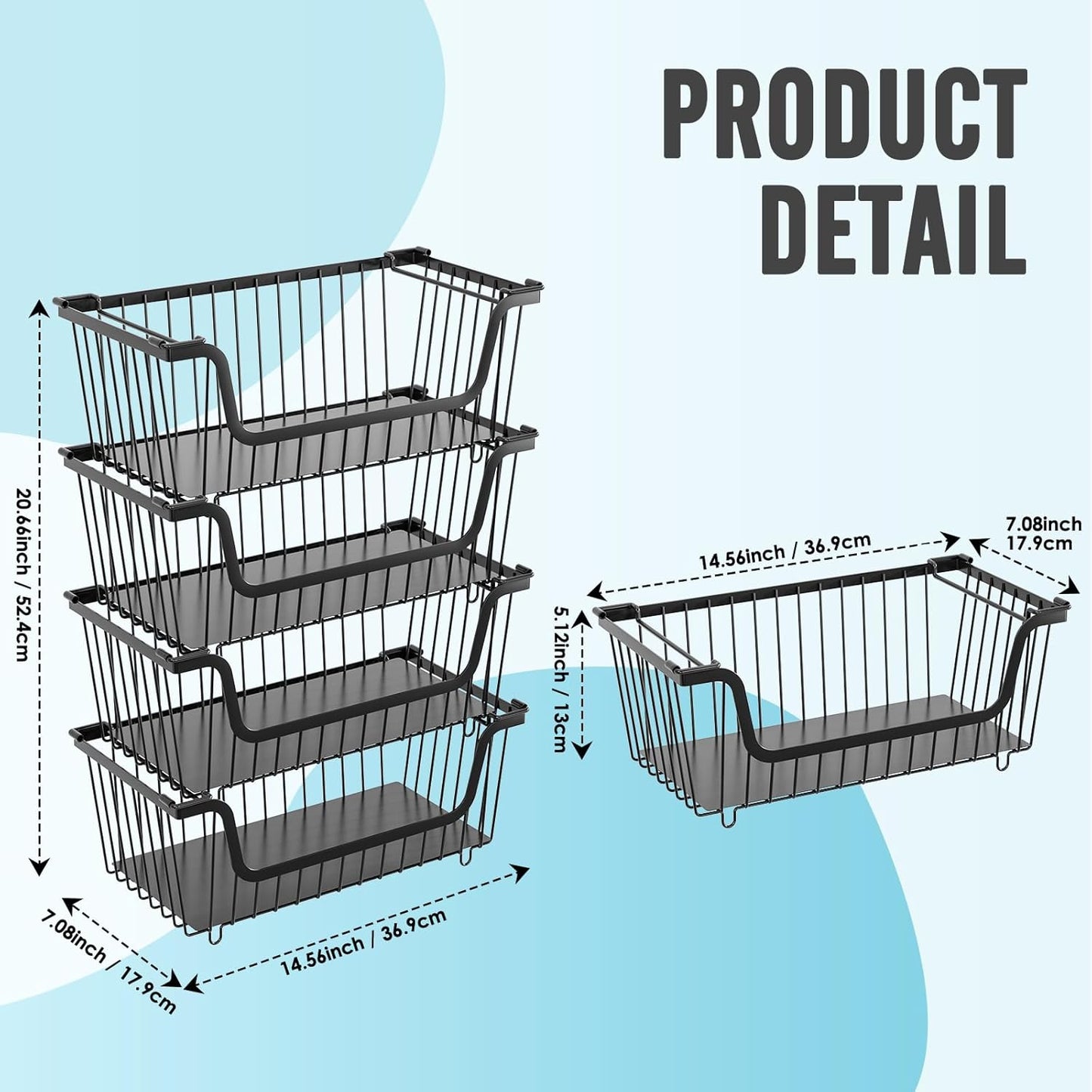4 Pcs Stackable Wire Baskets for Pantry Organizers and Storage,Vegetable Fruit Basket for Countertop,Kitchen Storage Metal Baskets,Produce Potato Onion Storage Bin,Black