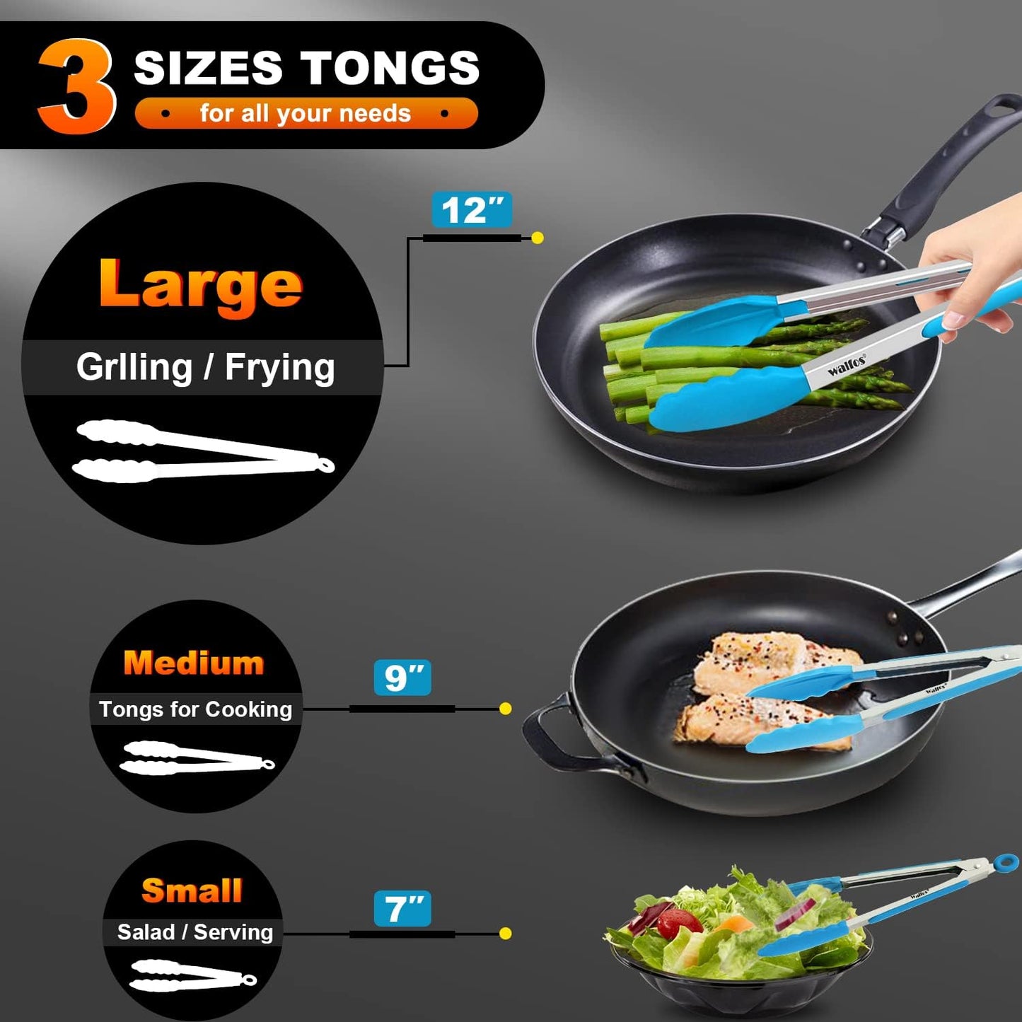 Walfos Kitchen Tongs - 7" 9" and 12" Heat Resistant Food tongs, Thickened Stainless Steel and BPA Free Silicone Tips, Great for Cooking, Grilling, Turning, Dishwasher safe(3 blue silicone tongs)