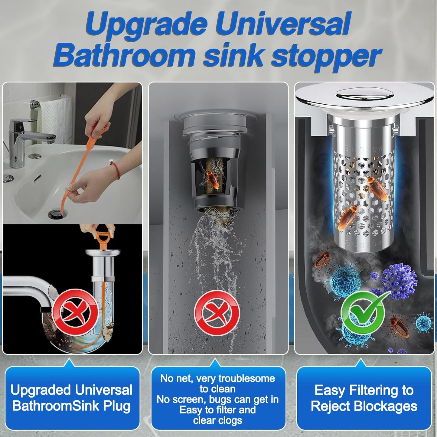 Sink Stopper Hair Catcher, Pop-up Sink Drain Strainer with Removable Stainless Steel Strainer Basket Hair Catcher, Bathroom Sink Strainer for Bathroom Sink Stopper Replacement (New-2PCS)