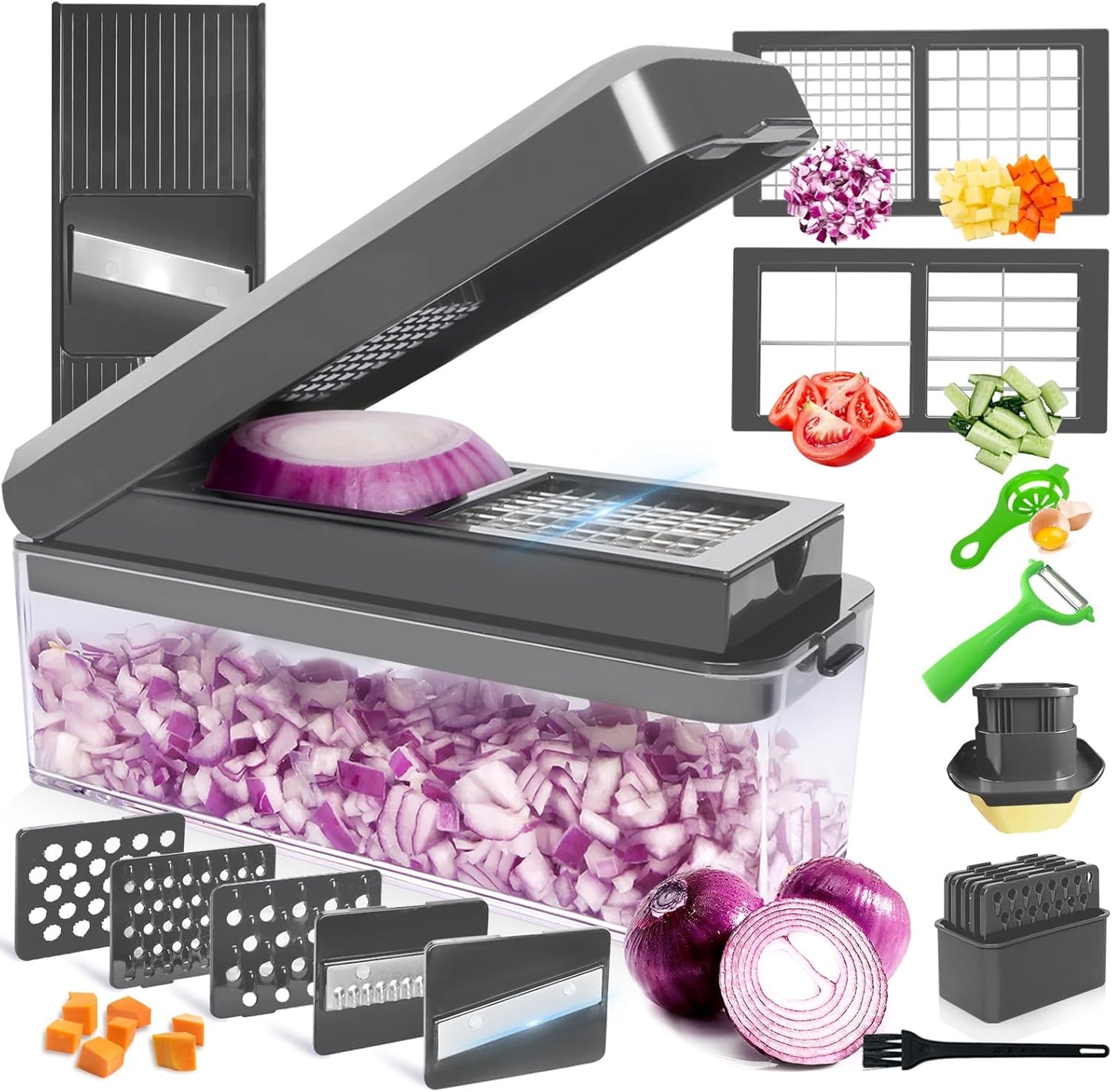 Vegetable Chopper, Onion Chopper Dicer, Mandoline Slicer, Food Chopper with Container, Vegetable Cutter for Salad Potato Carrot Garlic（9 Blades, Grey）