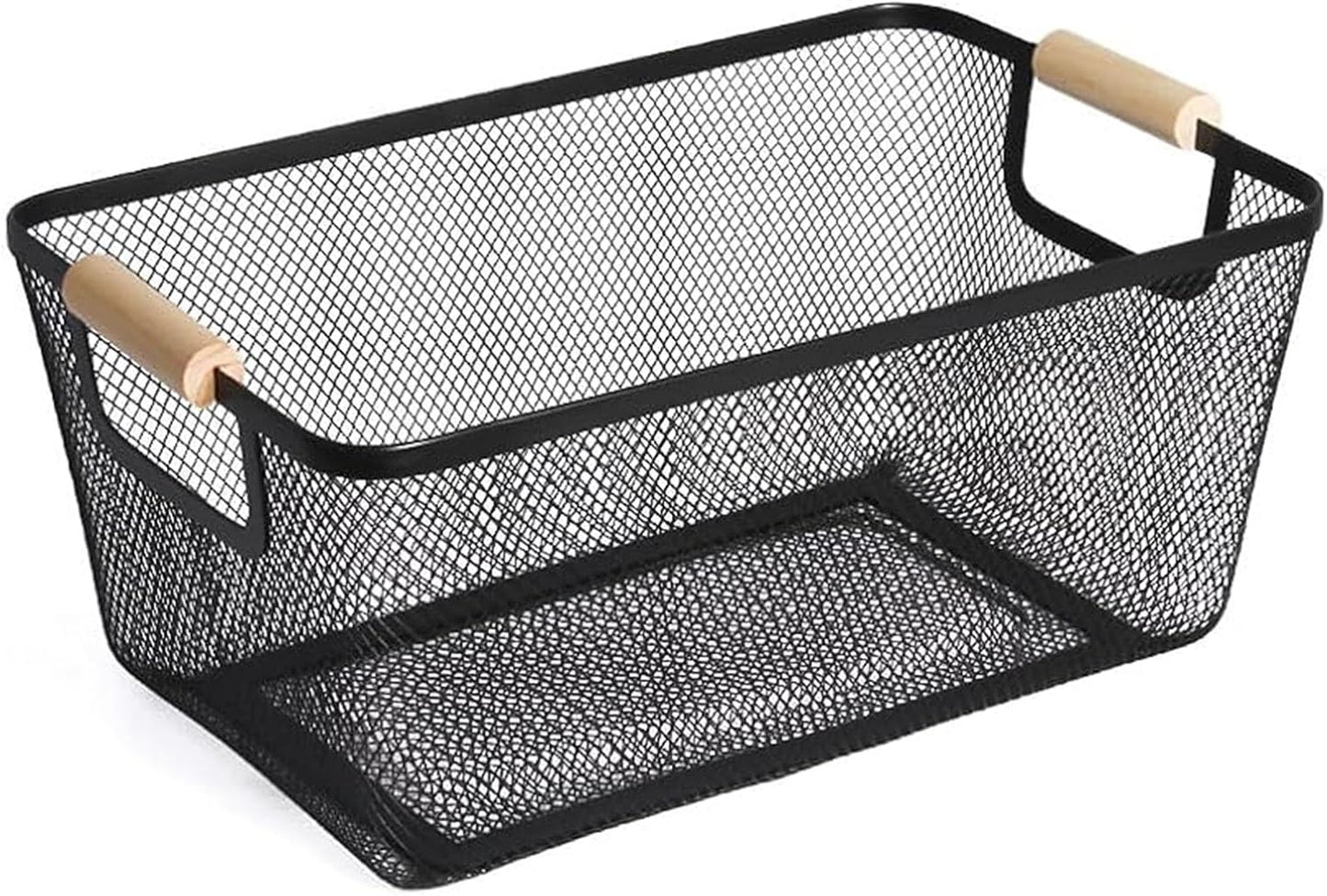 Metal Mesh Steel Basket, Medium Wire Storage Organizer Basket Multi-function Hanging Kitchen Basket with Wood Handle for Kitchen Bathroom Picnic Home, Rectangle-Black