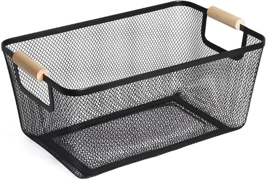 Metal Mesh Steel Basket, Medium Wire Storage Organizer Basket Multi-function Hanging Kitchen Basket with Wood Handle for Kitchen Bathroom Picnic Home, Rectangle-Black