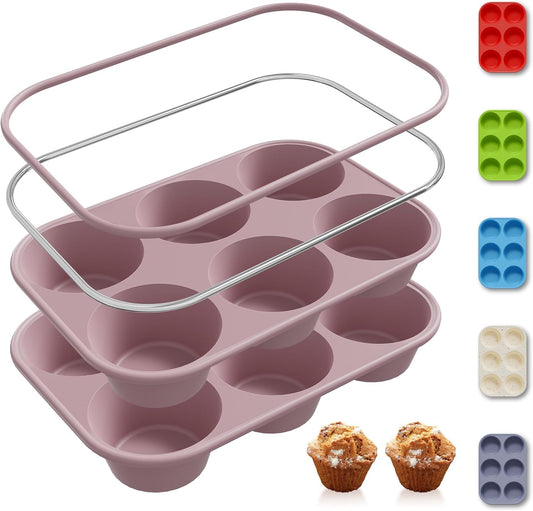2 Pack 6 Cups Jumbo Muffin Pan with Metal Reinforced Frame Silicone Molds Egg Bites Silicone Circle Cookie Molds Extra Large Muffin Tin Jumbo Tart Pans Baking Sheet Set for Sandwiches