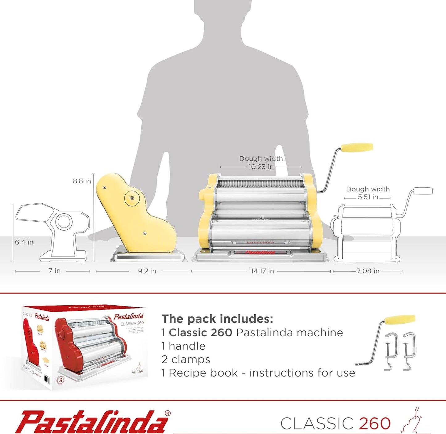 PASTALINDA Classic 260 Pasta Maker Machine, 26 cm Wide Rollers, 9 Thickness Positions, 2 Cutting Positions, Stainless Steel. Includes Reinforced Hand Crank And Two Clamps (Yellow)