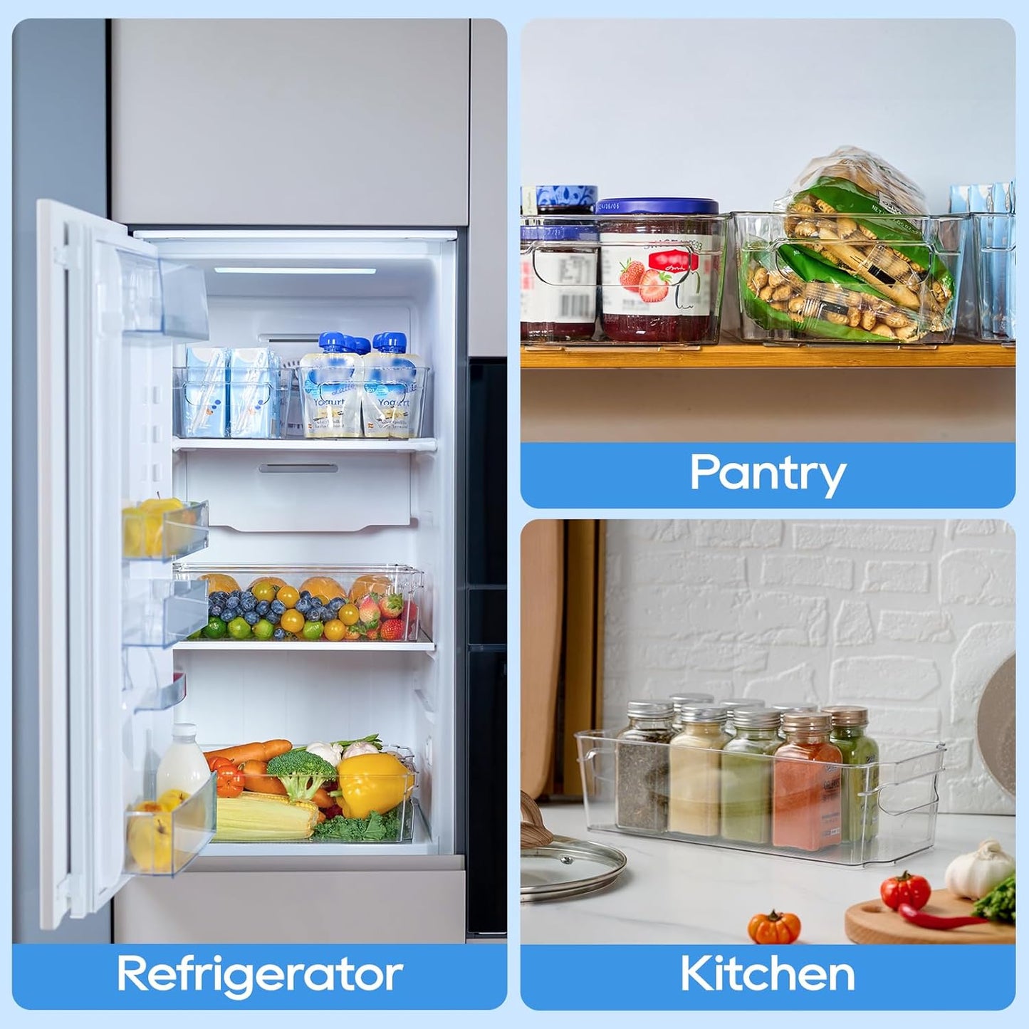 JollyPack 8 Pack Clear Plastic Storage Bins, Pantry Organizers and Storage with Handles, Clear Storage Containers for Fridge, Kitchen, Cabinet, Bathroom and Office