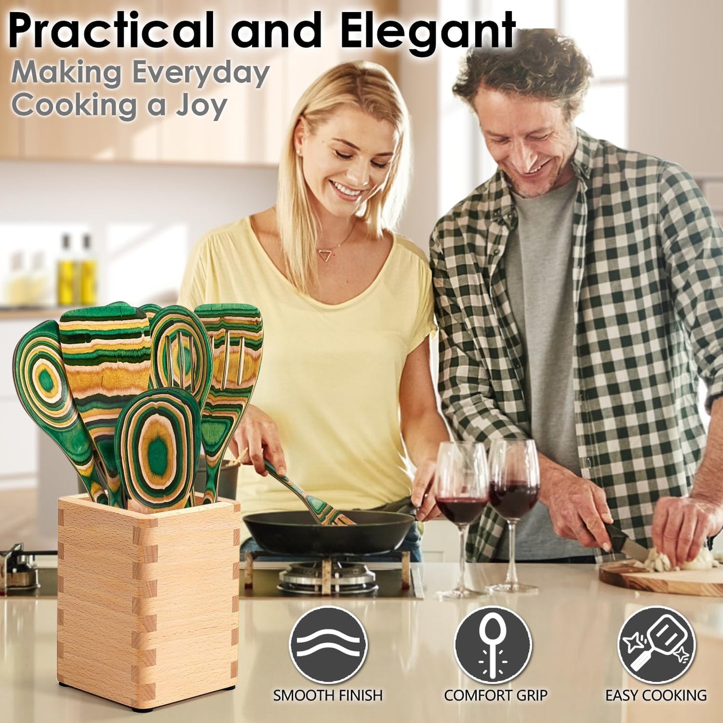 Kitchen Pakkawood Wooden Spoons for Cooking – 7-Piece Kitchen Utensil Set with Spatula, Corner Spoon, Rice Paddle – Nonstick Safe Durable Wooden Cooking Tools for Home Kitchen by Howhong (Oasis)