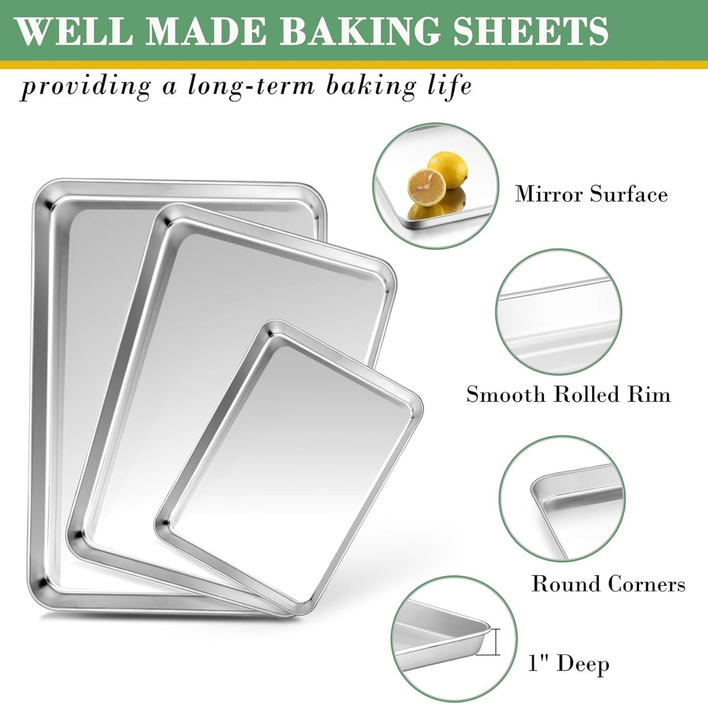 TeamFar Baking Sheet with Rack Set (3 Pans + 3 Racks), Stainless Steel Baking Pan Cookie Sheet with Cooling Rack, Non Toxic & Heavy Duty, Easy Clean & Dishwasher Safe