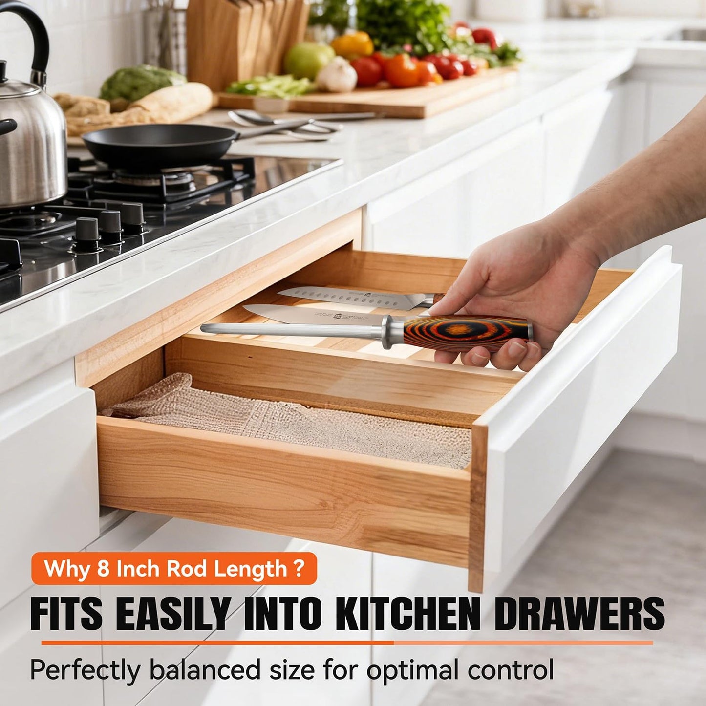 TUO Honing Steel, Sharpener Rod with Thicker Steel Core for Kitchen Knives Daily Sharpening Maintenance, High Carbon Steel, Ergonomic Handle, 8 inch