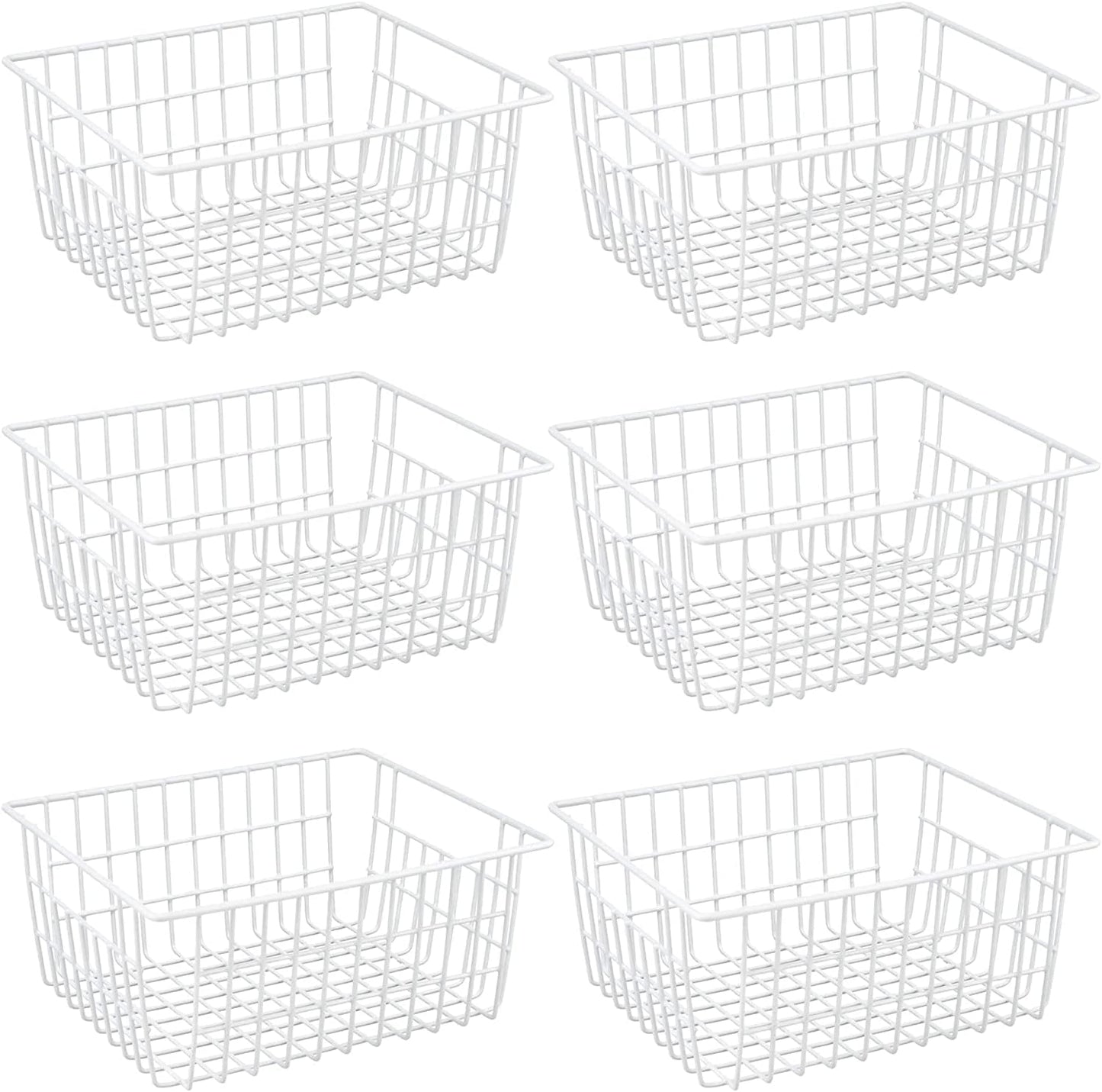 Redrubbit Wire Storage Baskets, Large Farmhouse Metal Freezer Basket Storage Organizer Bins with Handles for Kitchen Cabinets, Pantry, Closets, Bedrooms, Bathrooms, Set of 6, White