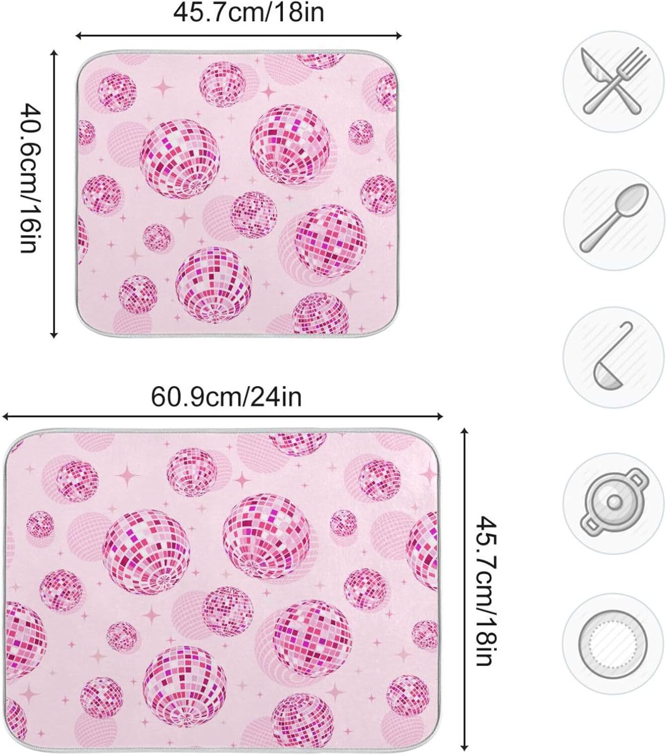 Disco Balls Pink Dish Drying Mat for Kitchen Counter Absorbent Microfiber Drying Pad, Large 18x24 in, Reversible Drainer Mats