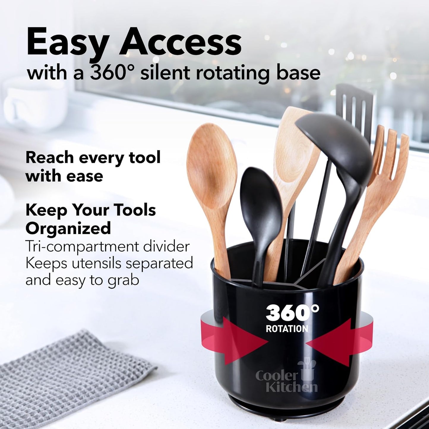 Extra Large Sturdy Rotating Black Utensil Holder Caddy with No-Tip Weighted Base, and Gripped Insert - Rust Proof and Dishwasher Safe Kitchen Utensils Holder