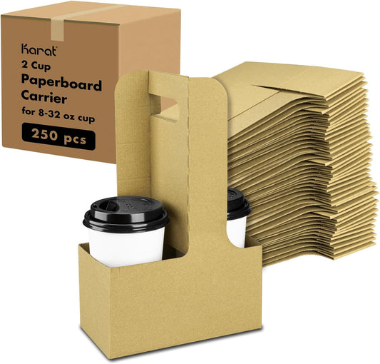 Karat Paperboard Drink Carrier with Handle - Sturdy Kraft Coffee Cup Carrier for Hot/Cold Beverages, Fits 10-32 oz Cups - Eco-Friendly, Disposable to-Go Drink Holder (2-Cup)