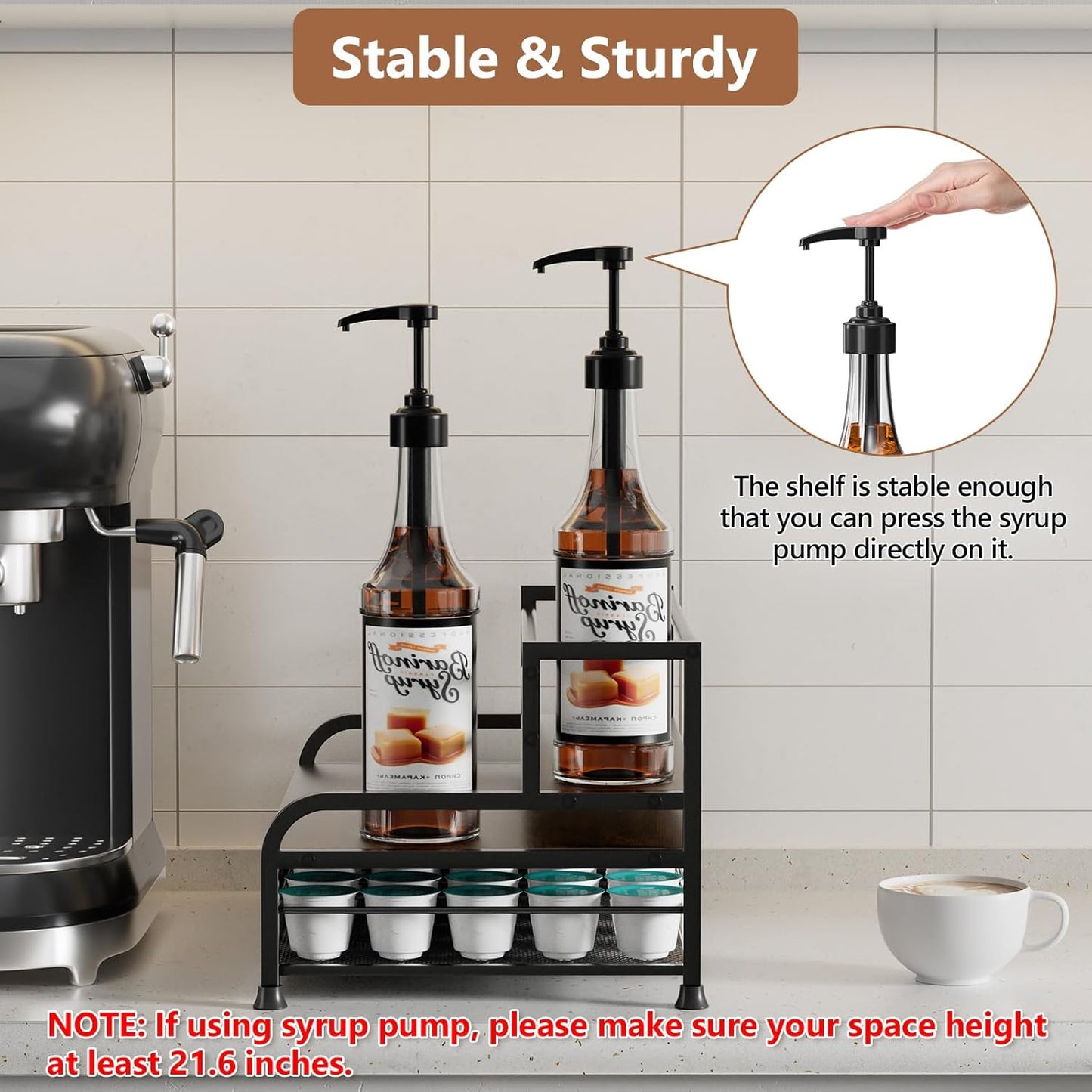 Coffee Syrup Rack Organizer, 3-Tier 8 Bottles Syrup Rack with 35 K Cup Storage Basket for Coffee Bar, Countertop Bottle Holder Stand for Wine, Dressing for Kitchen Cafe Station