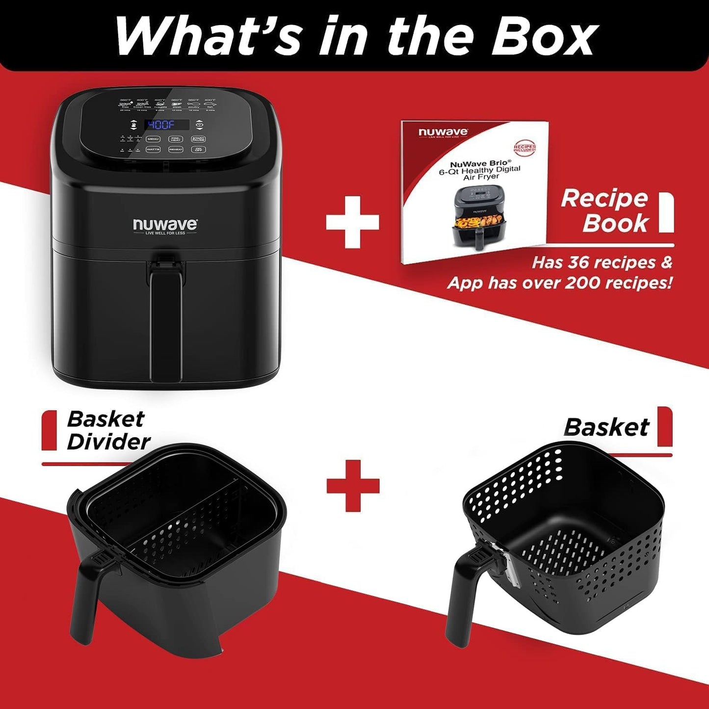 Nuwave 6-quart Brio Healthy Digital Air Fryer with One-Touch Digital Controls, 6 Preset Menu Functions & Removable Divider Insert, Black