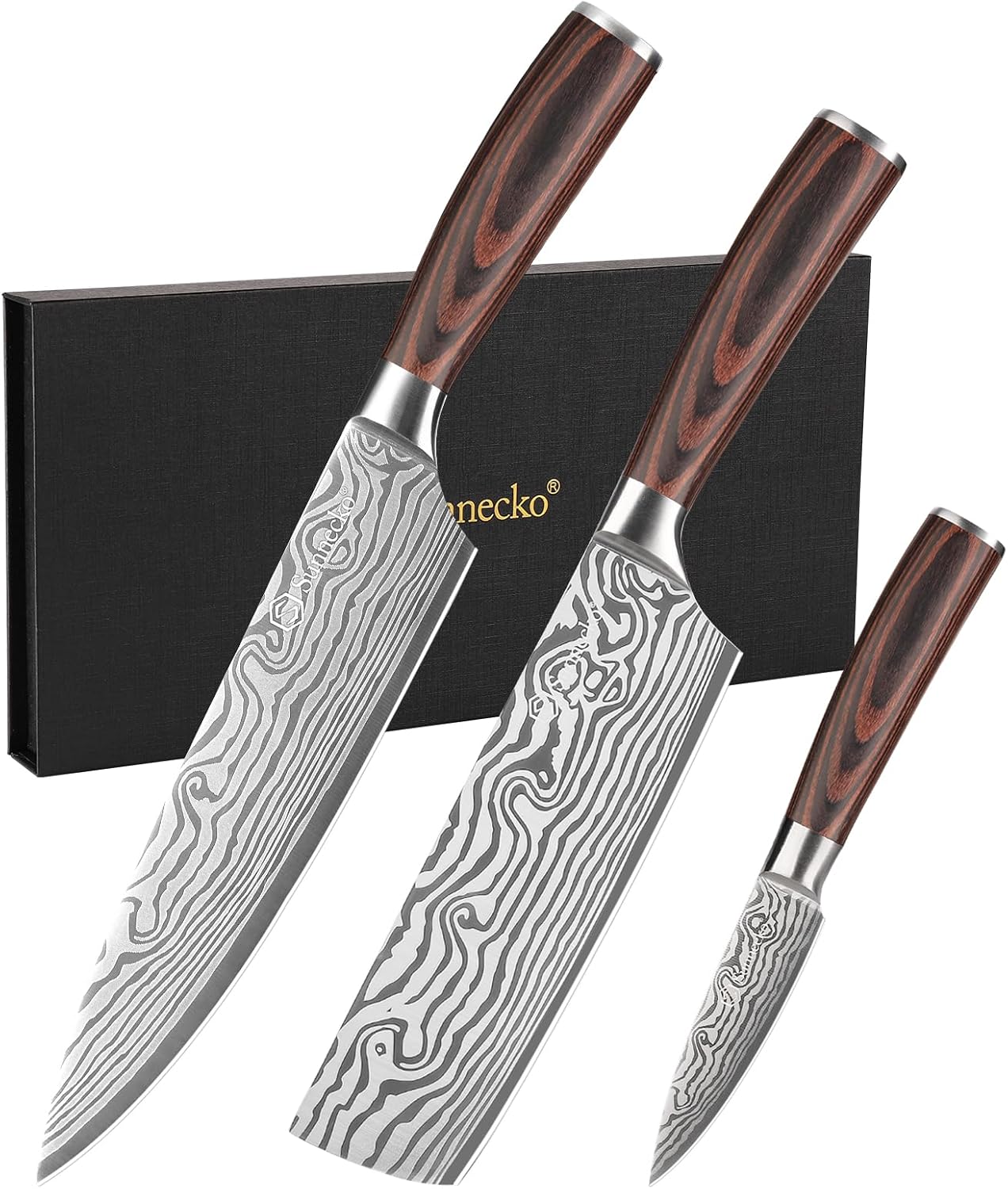 Sunnecko Kitchen Knife Set 3 Piece Chef Knife Set Professional High Carbon Stainless Steel, Sharp Kitchen Knives with Wooden Handle
