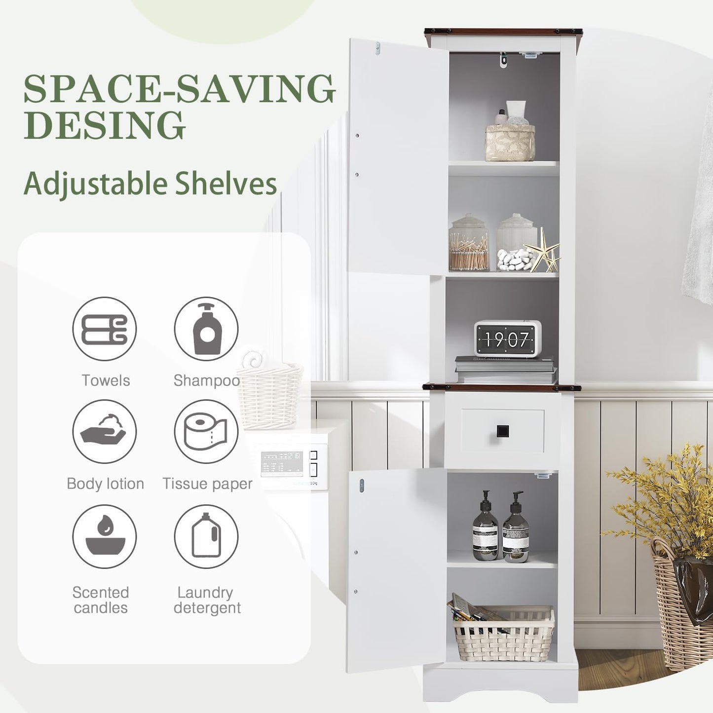 JOMEED Tall Bathroom Storage Cabinet, 68" Farmhouse Linen Tower with Adjustable Shelves & Drawer, Rustic Narrow Storage Cabinet for Bathroom