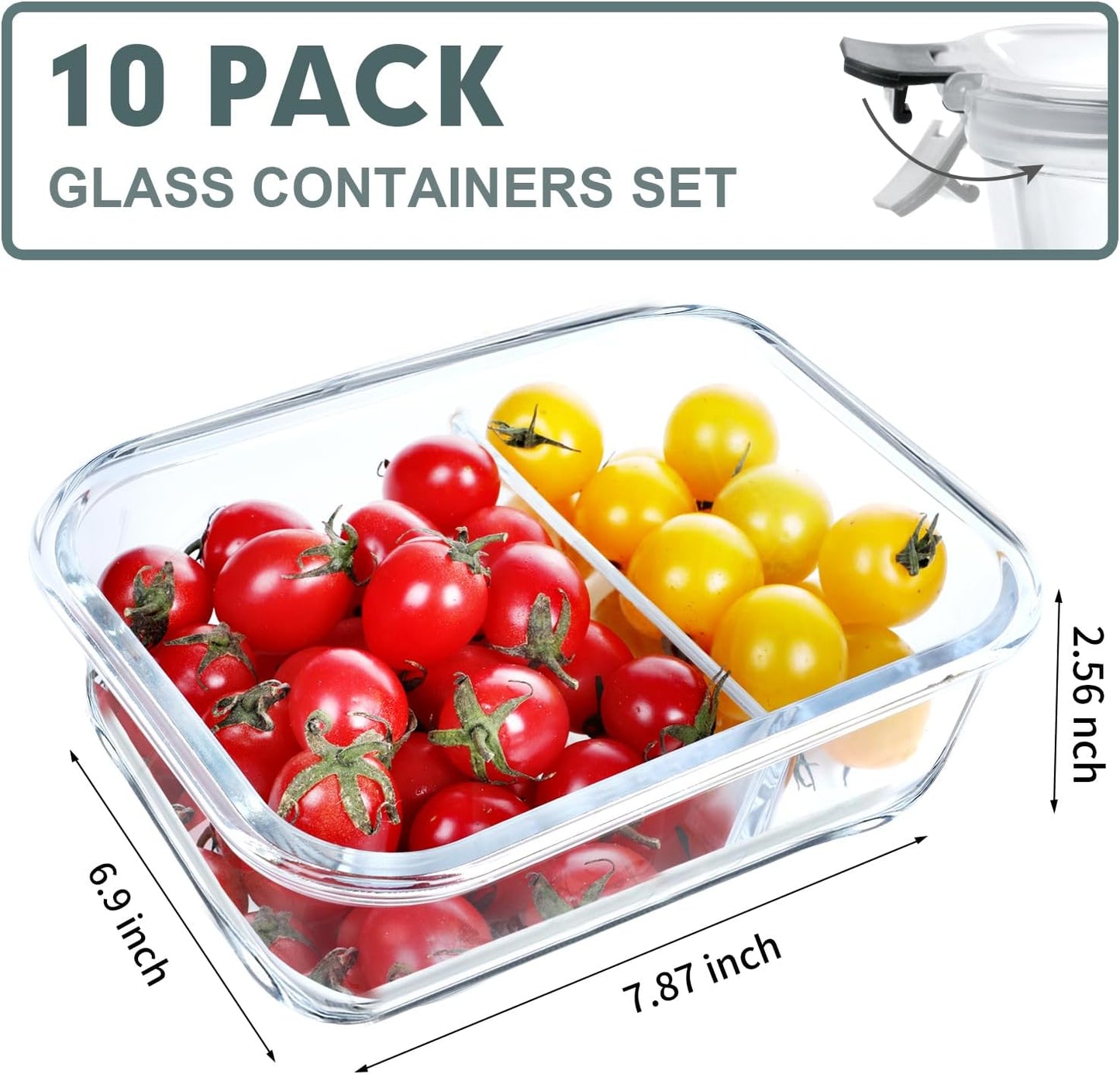 VERONES 10 Pack Glass Meal Prep Containers 2 Compartment Set, 30 OZ Airtight Glass Lunch Containers, Glass Food Storage Containers with Lids, for Microwave, Oven, Freezer & Dishwasher Friendly，Grey
