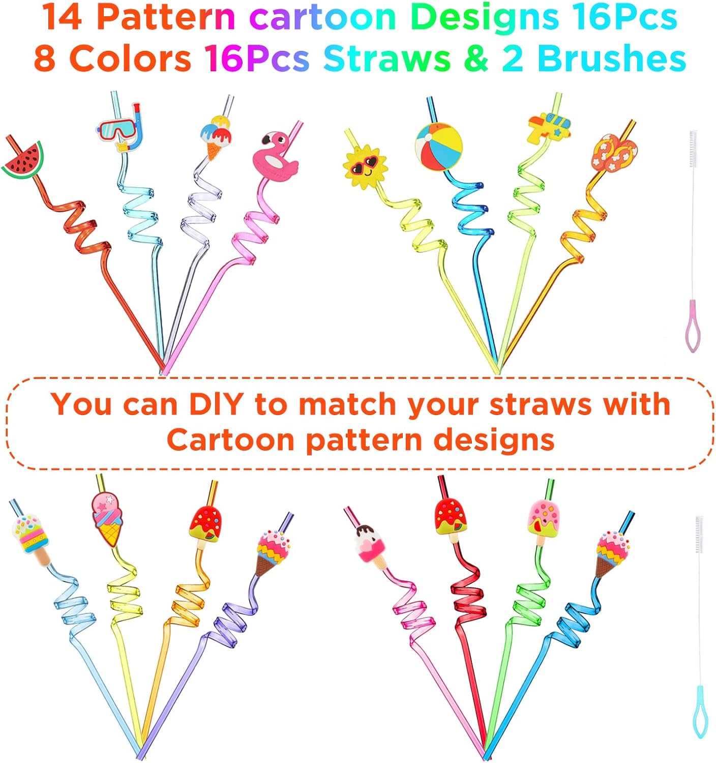QKP 16PCS Reusable Ice Cream Beach Straws, Swirly Drinking Straws for Party Supplies, Birthday Party Favors with 2 PCS Cleaning Brushes(Blue + Pink)