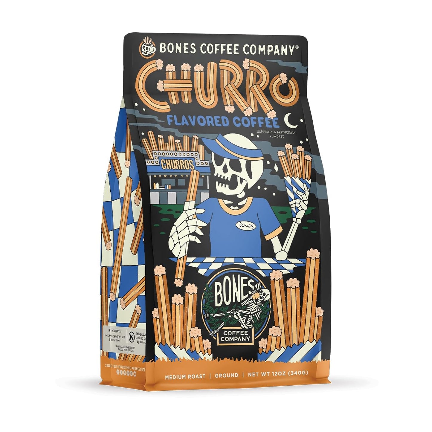 Bones Coffee Company Churro, Sweet Sugary Cinnamon Flavored Coffee, Medium Roast Low Acid Arabica Beans Compatible with Auto drip and French Press Coffee Maker, 12 Oz Ground