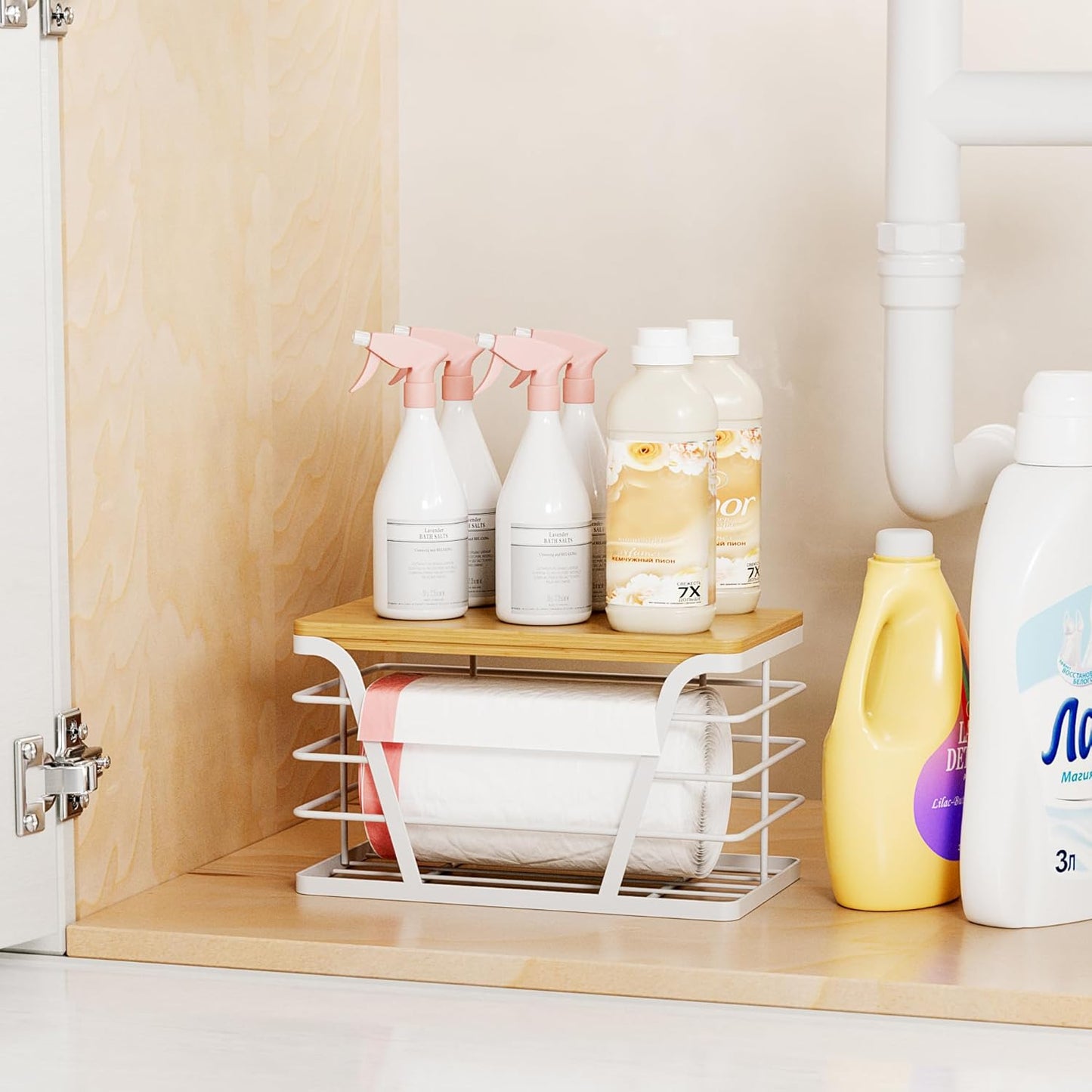 Small Grocery Bag Holder, Trash Bag Dispenser with Removable Bamboo Top, No Drill,White