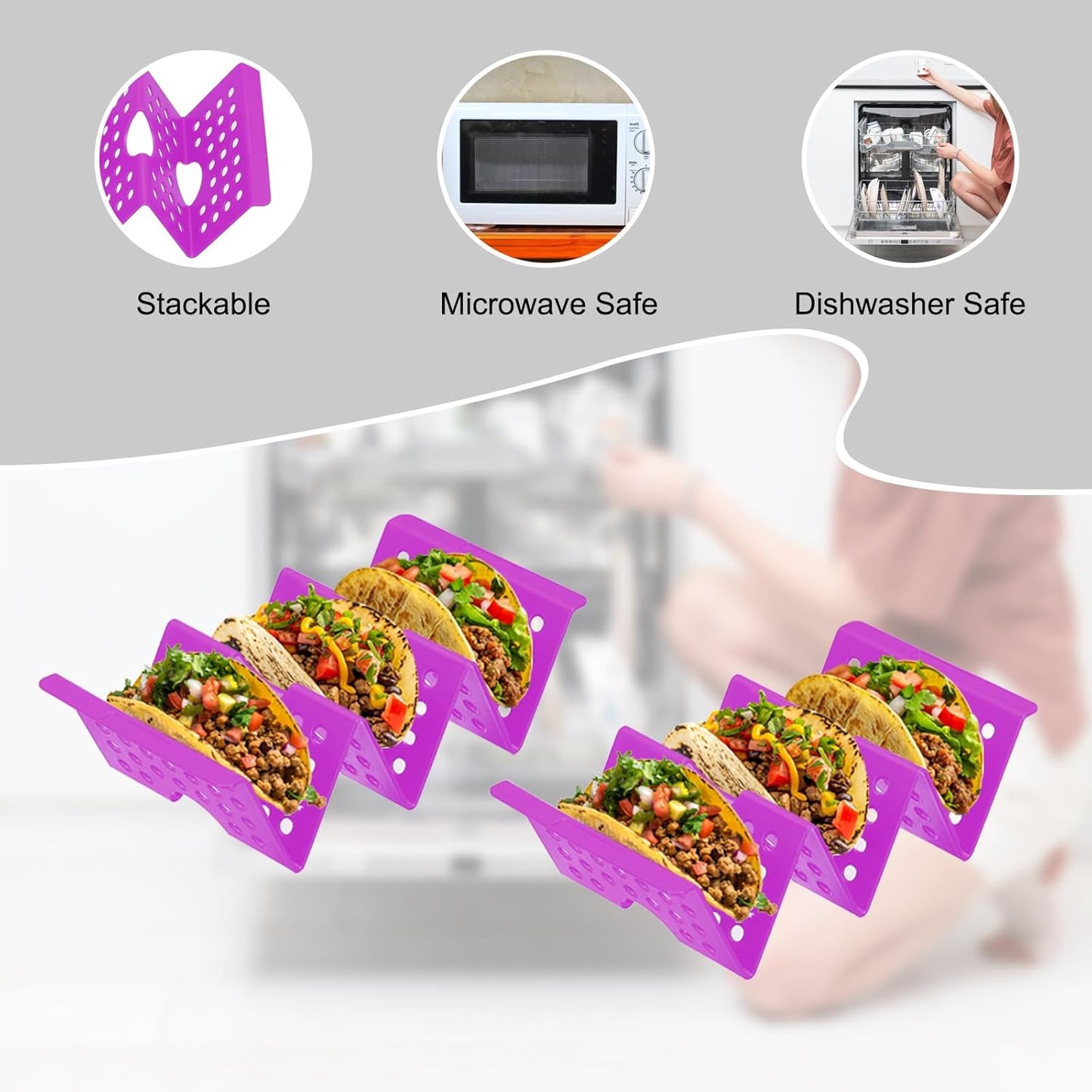 uxcell 8 Pcs Taco Holder Stand, Plastic Taco Plates Hold Up to 3 Tacos, Hollow Carved Taco Shell Holder, Dishwasher Microwave Safe, Purple