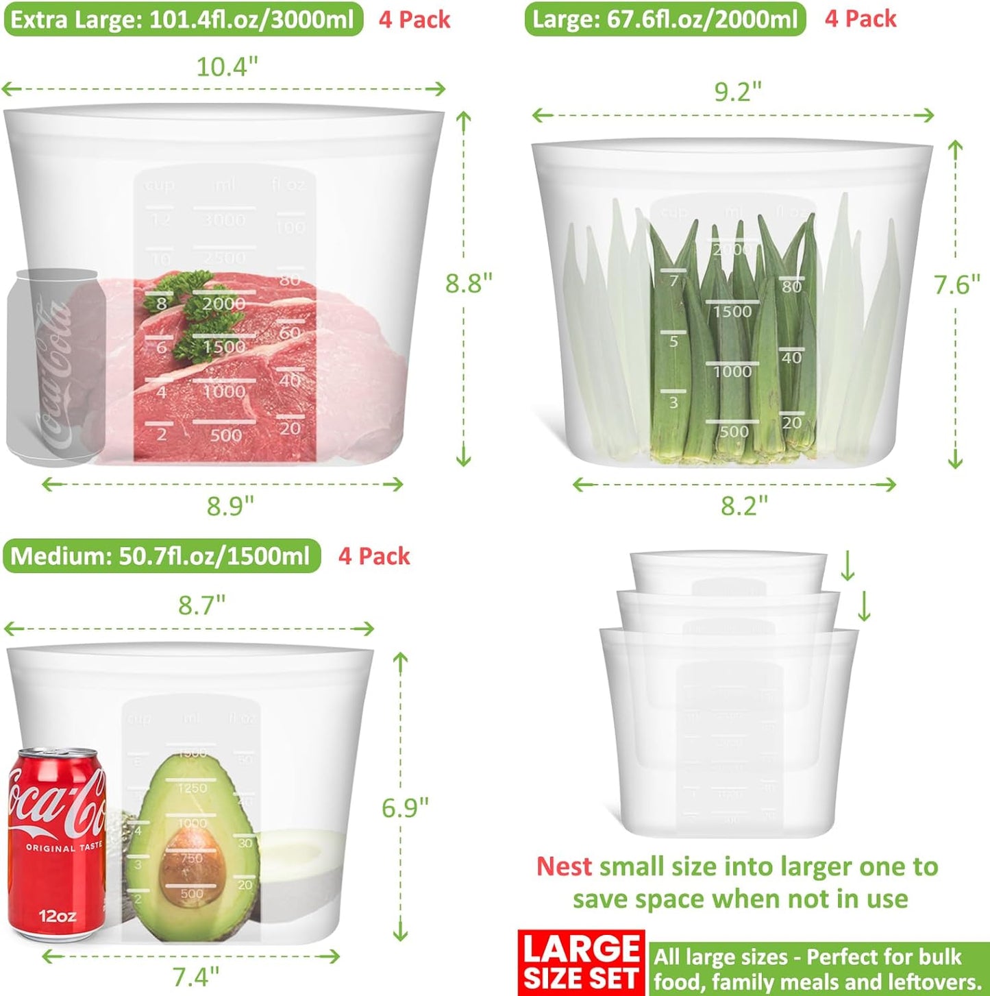 Reusable Storage Bags, Large-Size Set, 12 Pack 100% Silicone Food Storage Bags Stand Up Zip Lock Bags for Food, Freezer Microwave Oven Dishwasher Safe, 4 XL-0.8 Gallon + 4 L + 4 M, Translucent