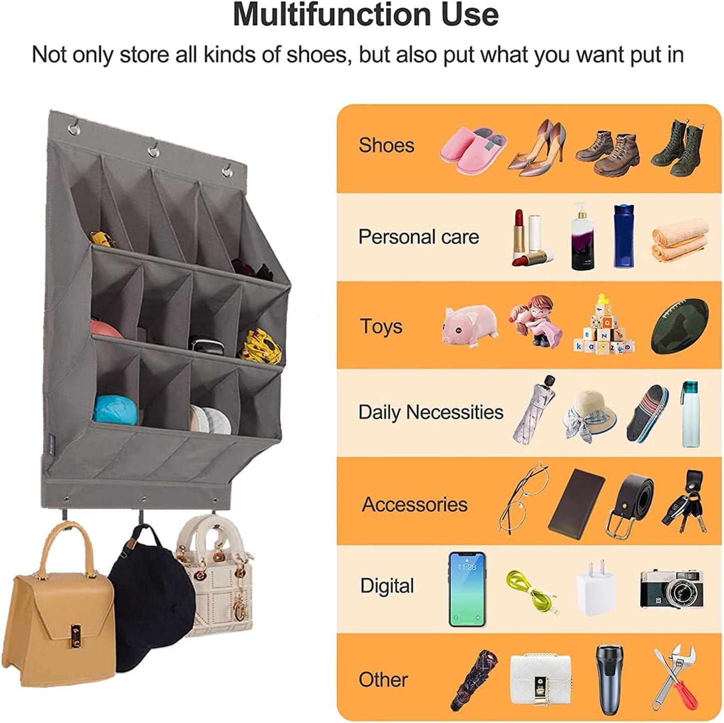 Over the Door Shoe Organizer, Grey 12 Pockets Hanging Shoe Storage Rack with Large Deep Pockets, Oxford 600D Fabric Shoe Storage Rack with 6 hook for Shoes, Home Accessories etc