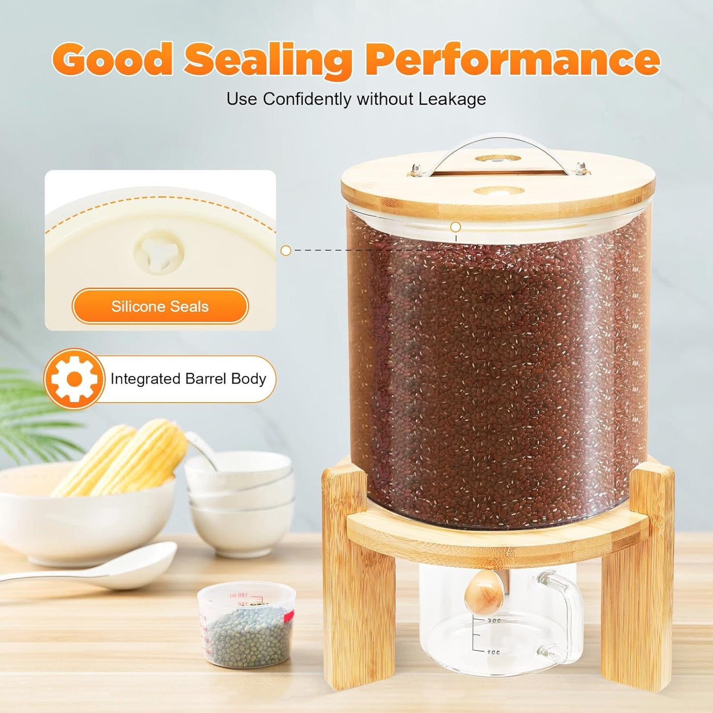 Flour and Cereal Container, Rice Dispenser, Creative Glass Food Storge Container for Kitchen Organization and Pantry Store, Airtight Lid and Wooden Stand (5L)