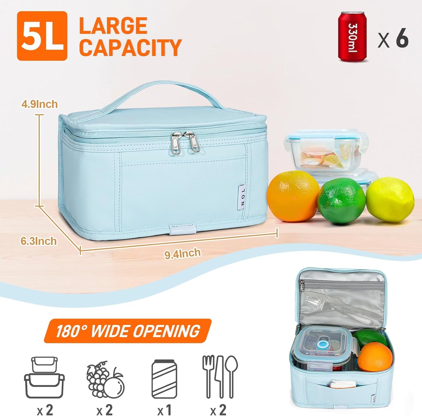 NOL Natural Organic Lifestyle Small Lunch Bag Mini Lunch Box Insulated Lunch Bag for Men/Women Leakproof Cooler Tote Bag Lightweight Nylon Waterproof Lunch Box For Work, Light blue