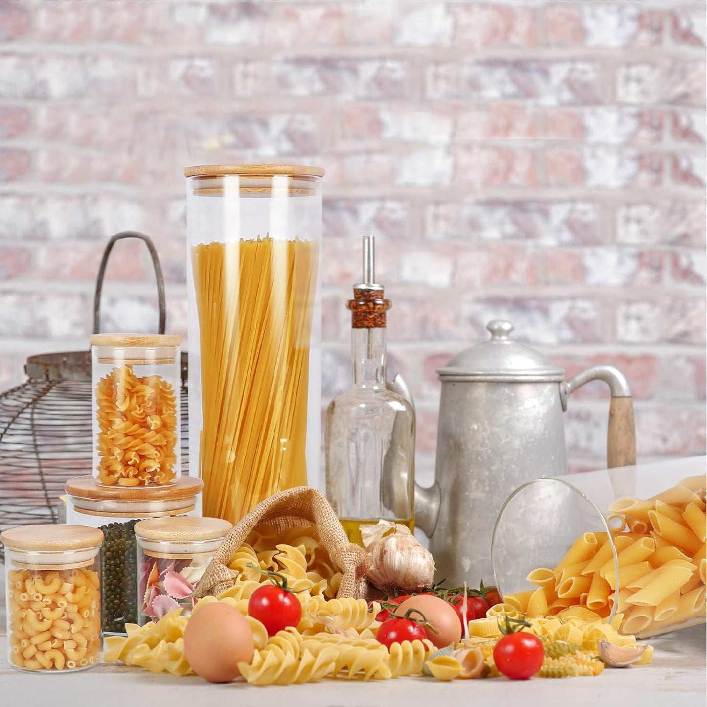 DHSBTLS 6 oz Glass Jars with Bamboo Lids, Borosilicate Glass Airtight Canisters sets, Food Storage Container, Pantry Organization and Storage Jars, Kitchen Spice Jars of 15