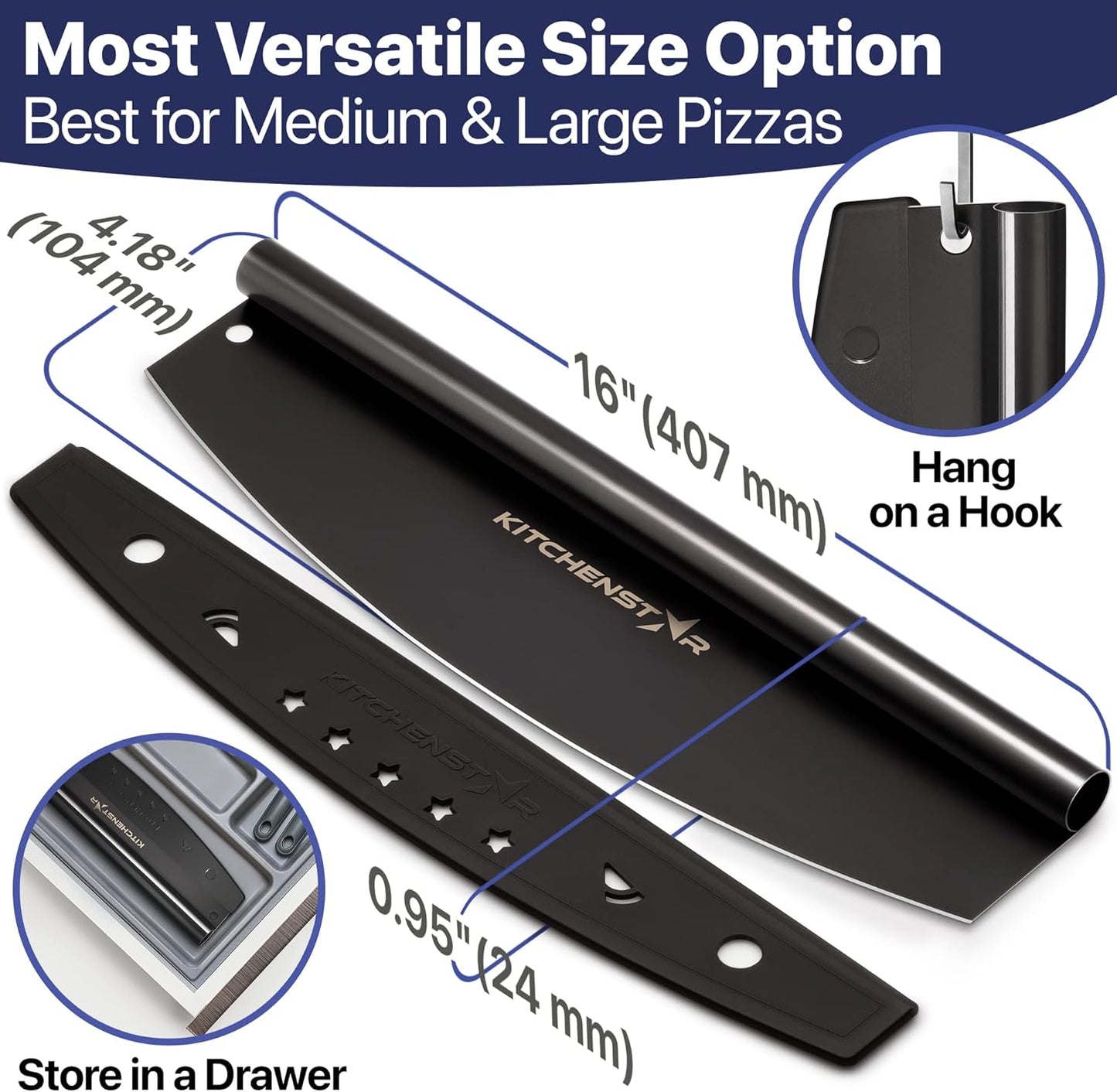 KitchenStar 16-Inch Pizza Cutter Rocker Blade - Sharp Stainless Steel Slicer Knife, Protective Cover, Black Nonstick, Large - Professional Pizza Oven Accessories