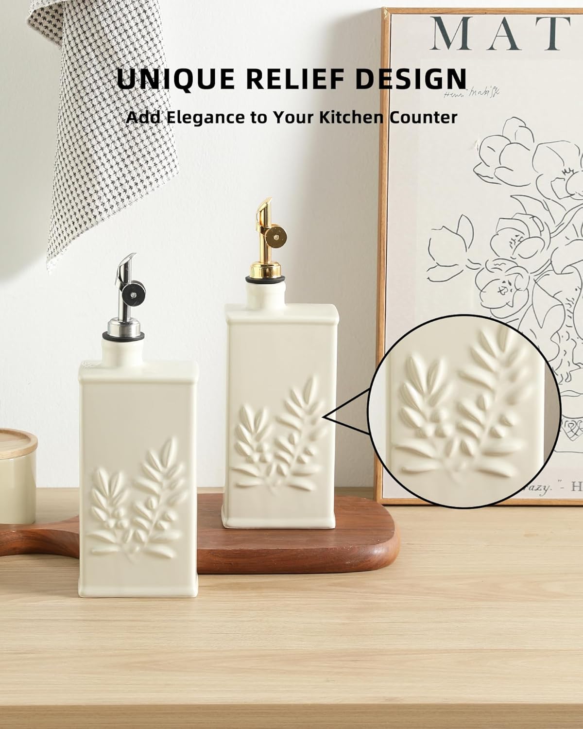 Sweejar Ceramic Olive Oil Dispenser Bottle for Kitchen, 17 Oz Relief Opaque Oil and Vinegar Dispenser Bottle with Spout, Suitable for Soy Sauce, Coffee Syrup, Liquids (Beige)