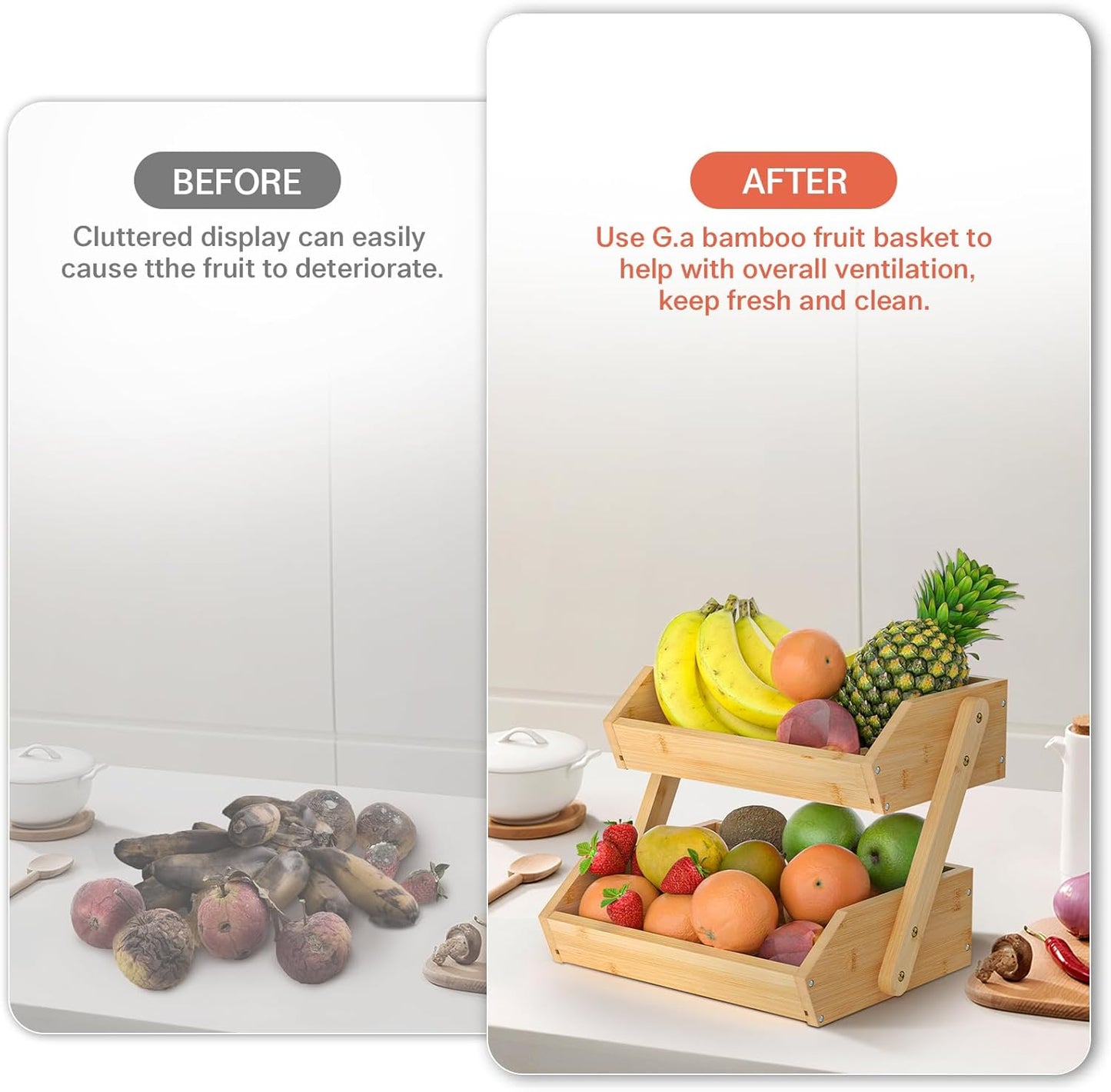 G.a HOMEFAVOR Large Bamboo Fruit Basket, 2-Tier Fruit Bowl for Kitchen Counter, Vegetable Storage Stand for Fruit Shop, 15 mm Thickness (Self-assembly)