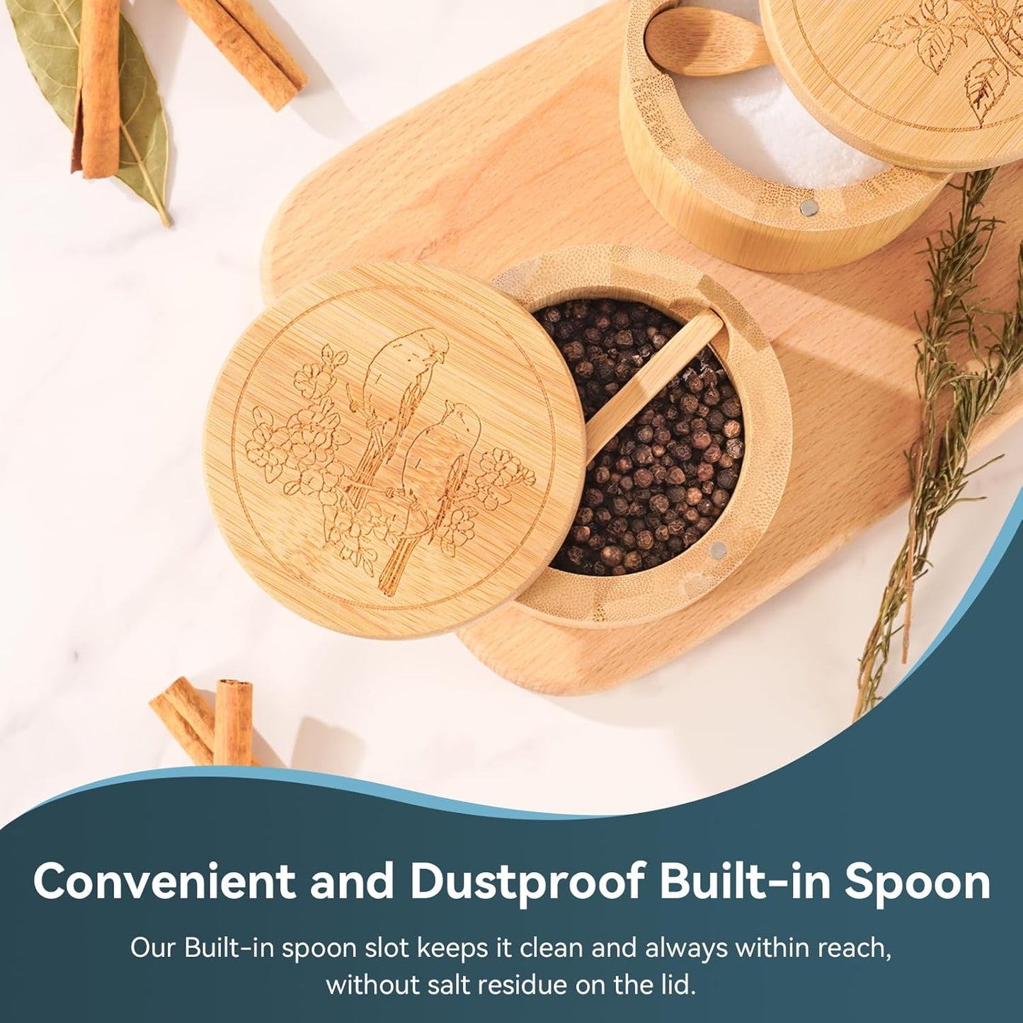 Salt Cellar, 2PCS Salt Container Bamboo Salt and Pepper Box for Countertop with Built-in Spoon & Swivel Lid, Spice Seasoning Storage Bowl, Elegant Salt Holder (Rose & Bird Engraving)