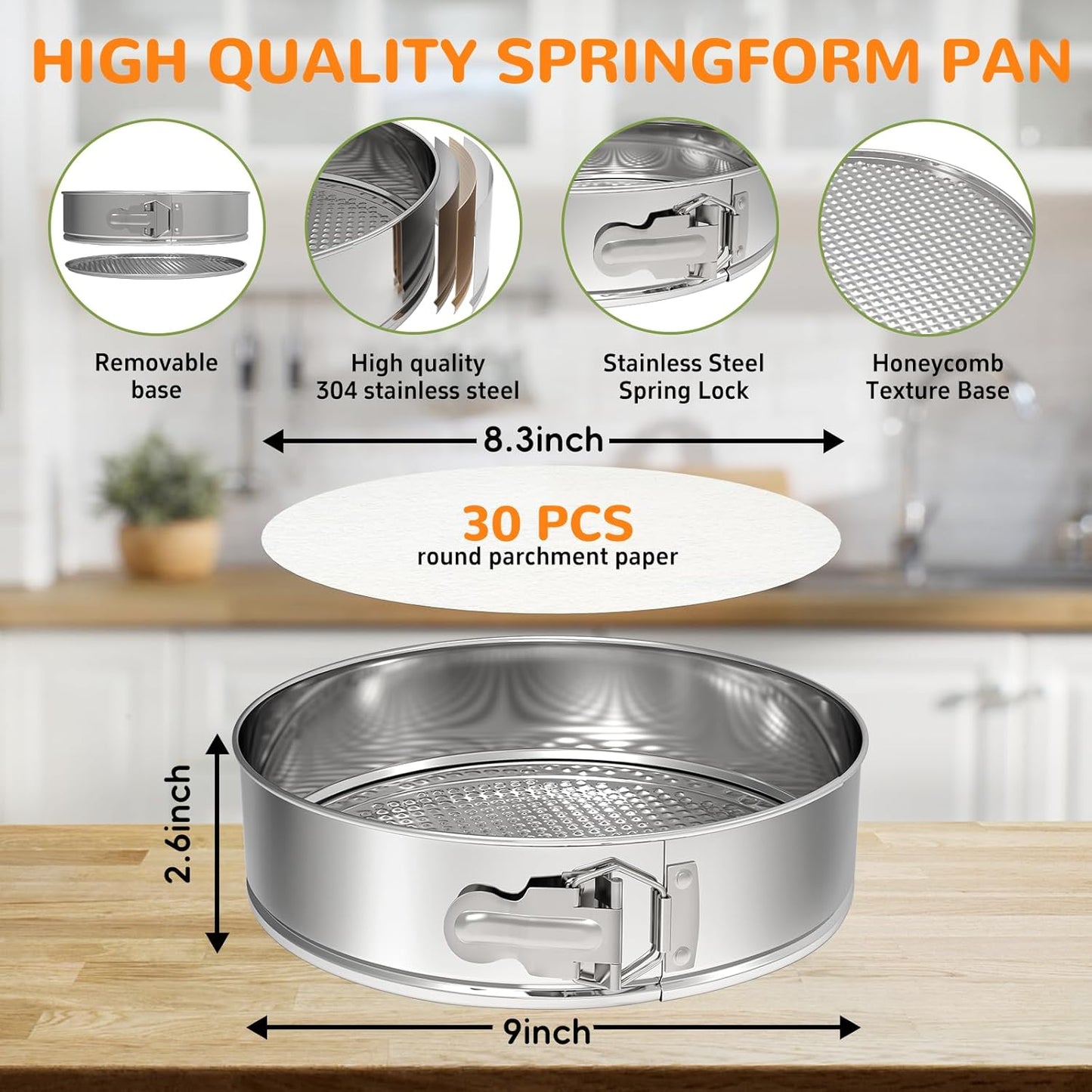 9 Inch 304 Stainless Steel Springform Pan with Removable Bottom, Nonstick Round Spring Form Cheesecake Pan with 30 Pcs Parchment Paper Liners