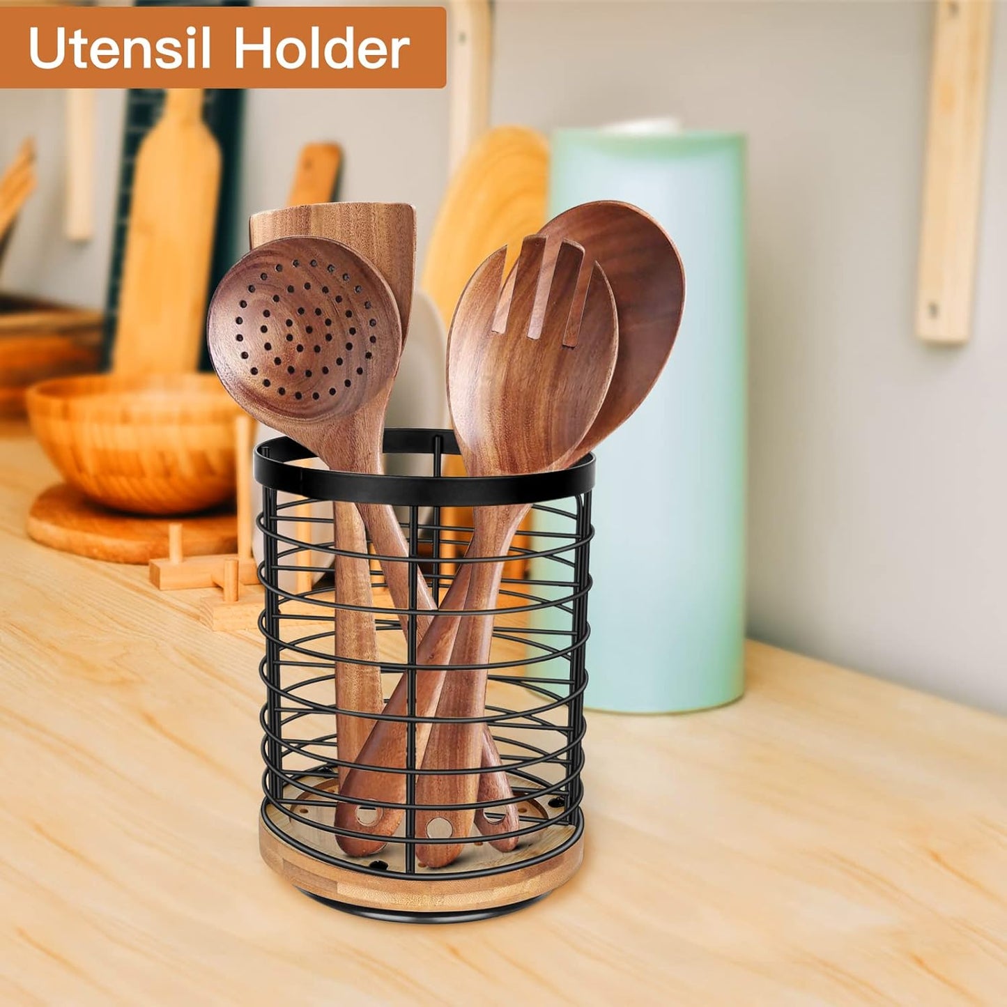 Utensil Holder for Kitchen Counter - 7.2" Large Rotating Utensil Crock, Wooden + Metal Base, Countertop Cooking Tool Spatula Organizer