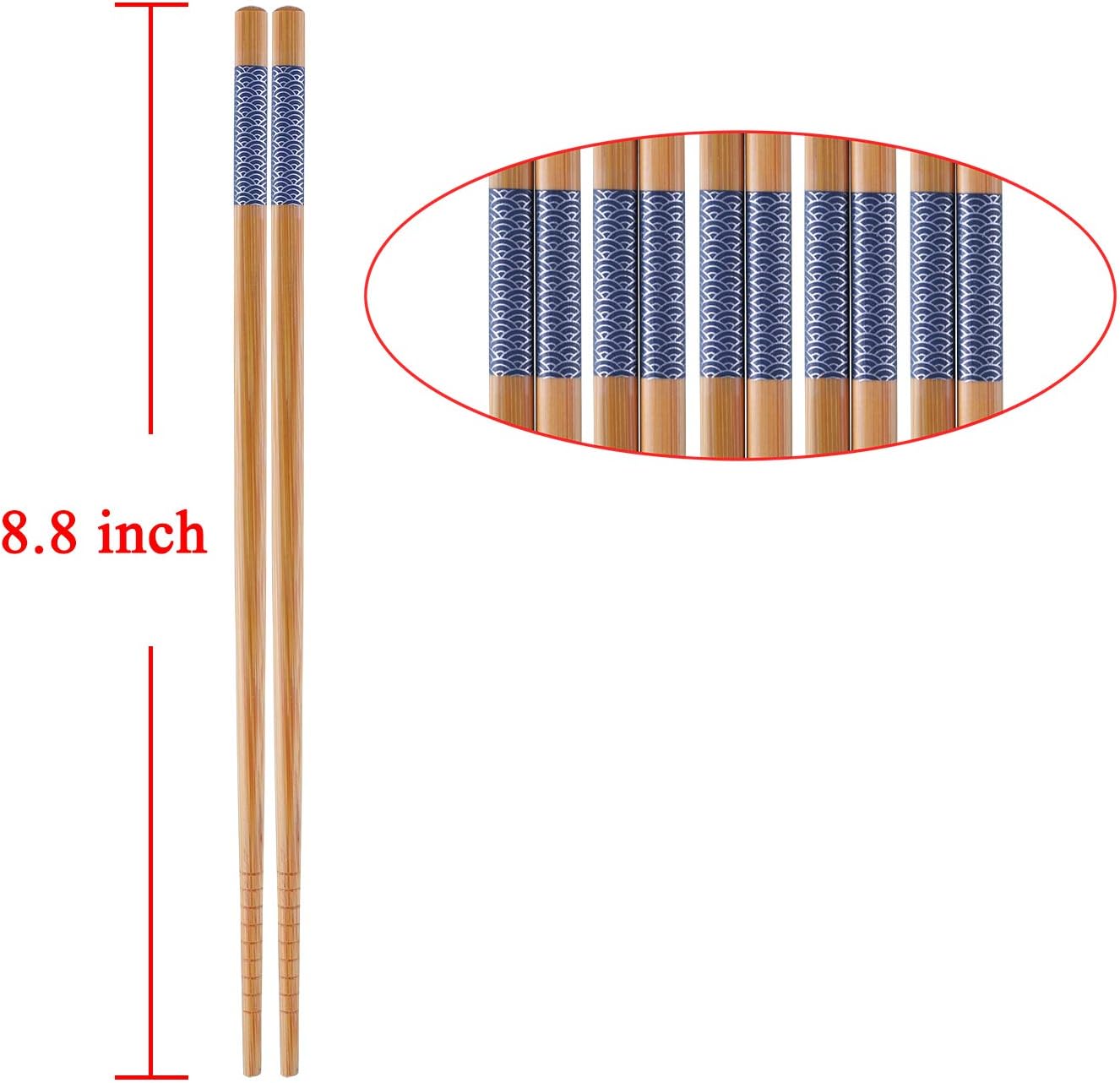 Antner 5 Pairs Bamboo Chopsticks Reusable Japanese Style Chopstick Gift Sets, Classic Natural Bamboo Chop Sticks Dishwasher Safe, 8.8 Inch/22.5cm