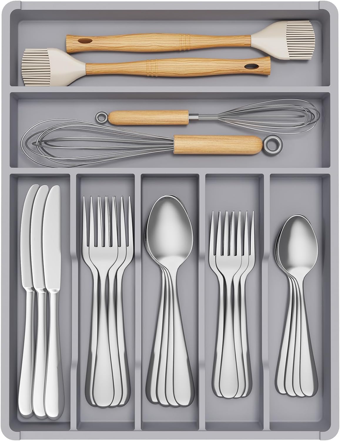 Lifewit Silverware Tray, Deep Wide Cutlery Drawer Organizer Storage for Kitchen, Plastic Flatware Utensil Holder Divider for Spoons Forks Knives Tableware, 7 Compartment, Gray