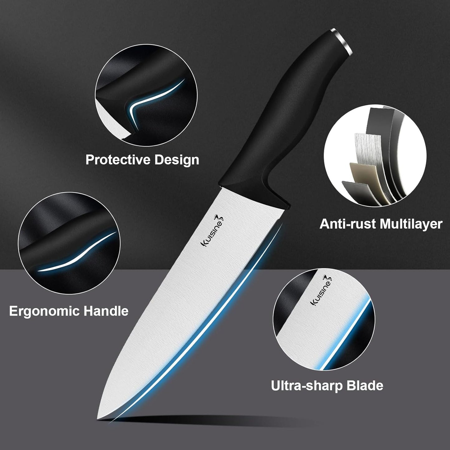 Kuisine Kitchen Knife Set,High Carbon Stainless Steel Ultra Sharp Blade Ergonomic Handle,Knife Set with Block Built-in Sharpener(15PCS,Black)