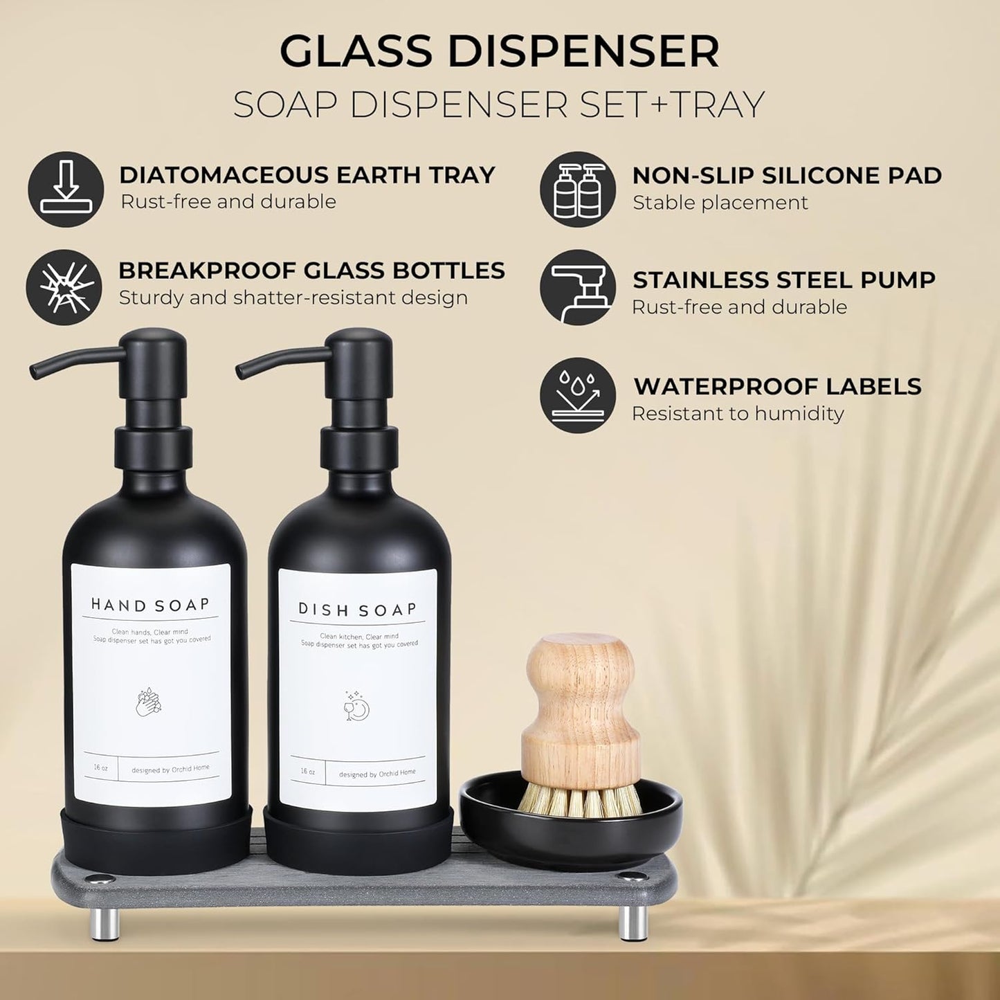 [Luxury] Kitchen Soap Dispenser Set - 16OZ Black Glass Bottle, Stainless Steel Pump, Instant Dry Tray, Waterproof Labels, Non-Slip Silicone Pad, and Dish Brush | Upgrade for Your Kitchen and Bathroom